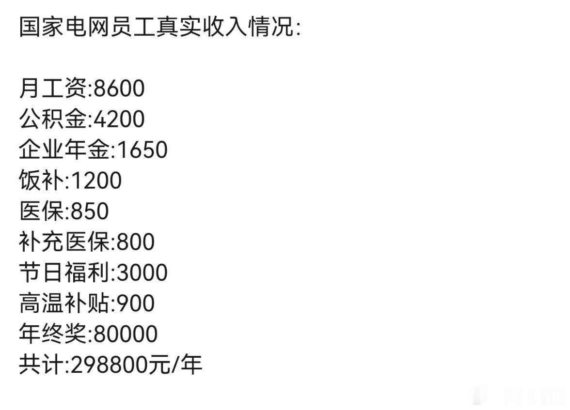 网传：国家电网员工真实收入！月工资才8600啊，感觉太少了…大家觉得这收入水平怎