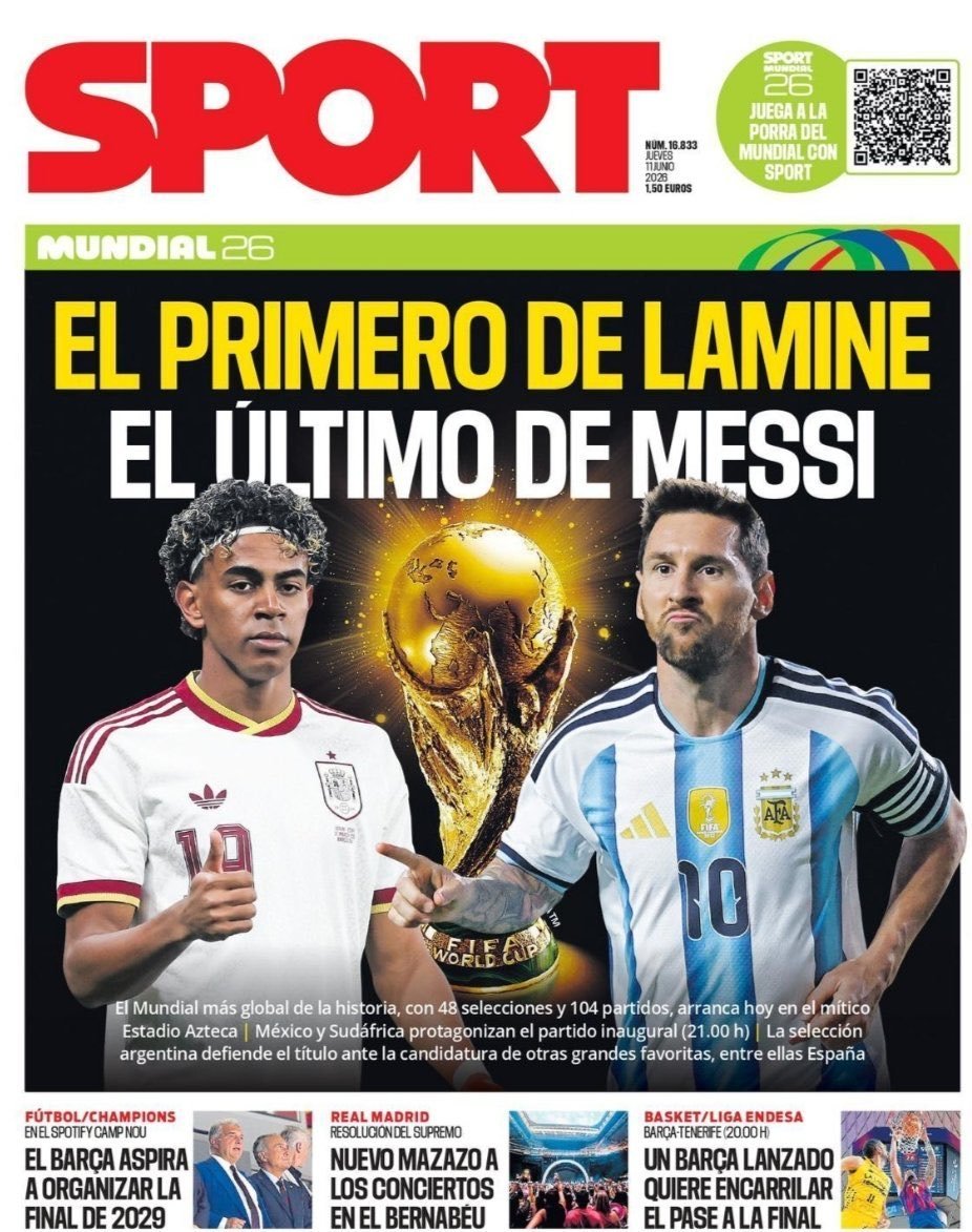 每体今日封面：亚马尔的第一届世界杯。梅西的最后一届世界杯。❤️💙🇪🇸🇦?