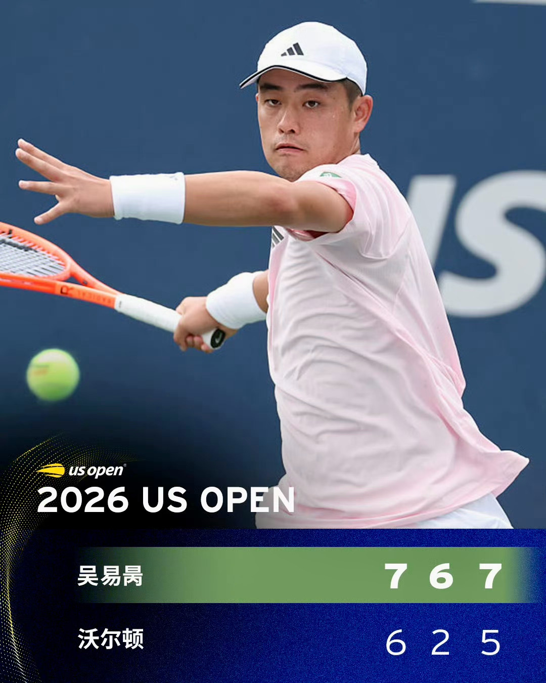 美网2026 男单首轮，他以7:6、6:2、7:5的比分三盘横扫沃尔顿，时隔三年