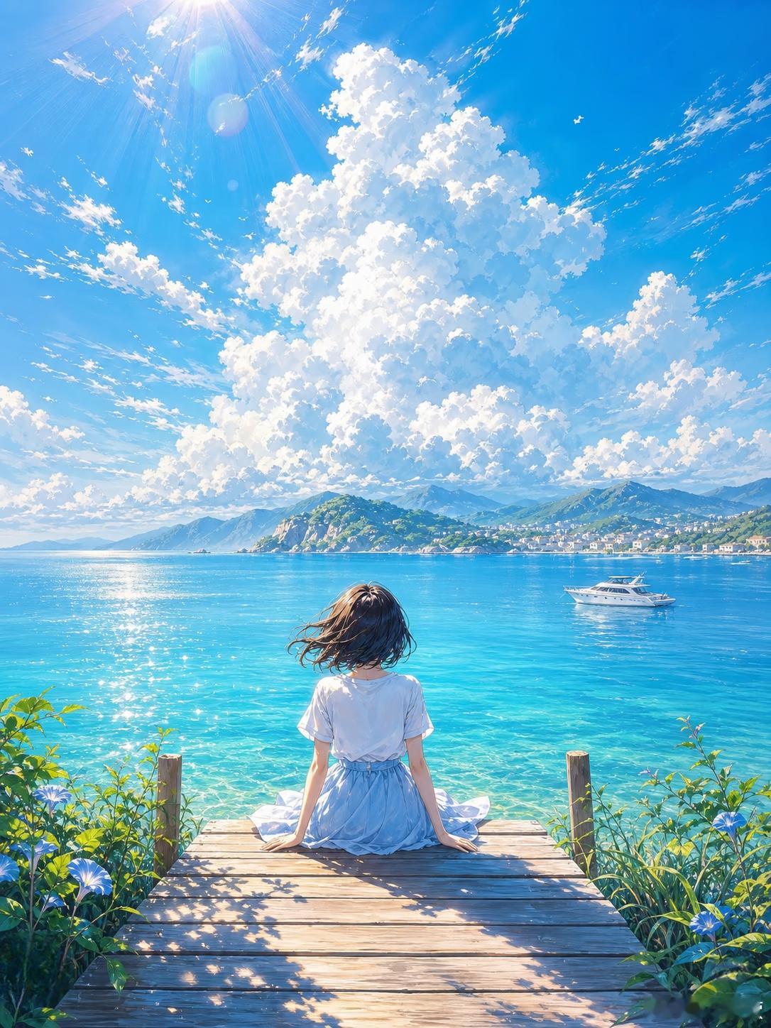 🌊裙摆被海风吻出褶皱，蓝白撞色是天空打翻的调色盘。云絮在浪尖上散步，此刻连呼吸