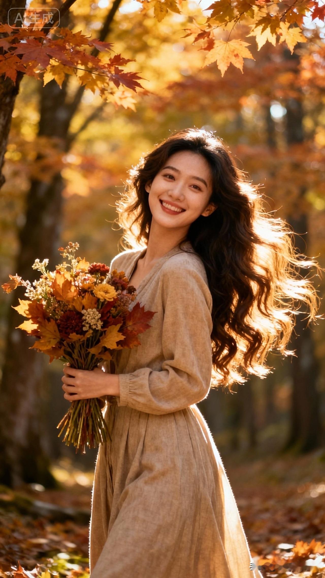 秋日暖阳下，手持花束的少女，笑靥如花，漫步在落叶缤纷的林间小道。