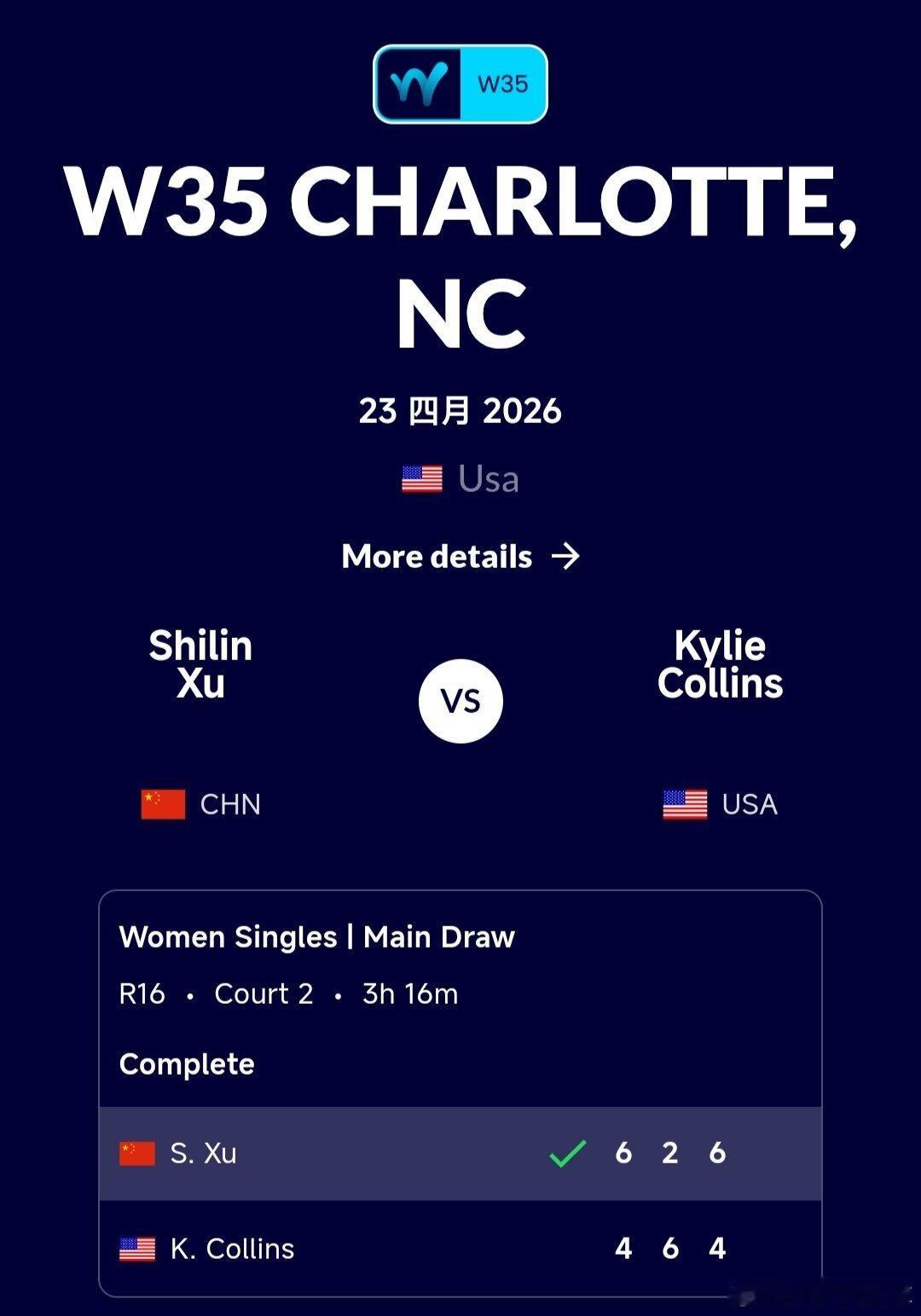 W35夏洛特站🇺🇸女单第2轮徐诗霖🇨🇳6-4/2-6/6-4战胜柯林斯?
