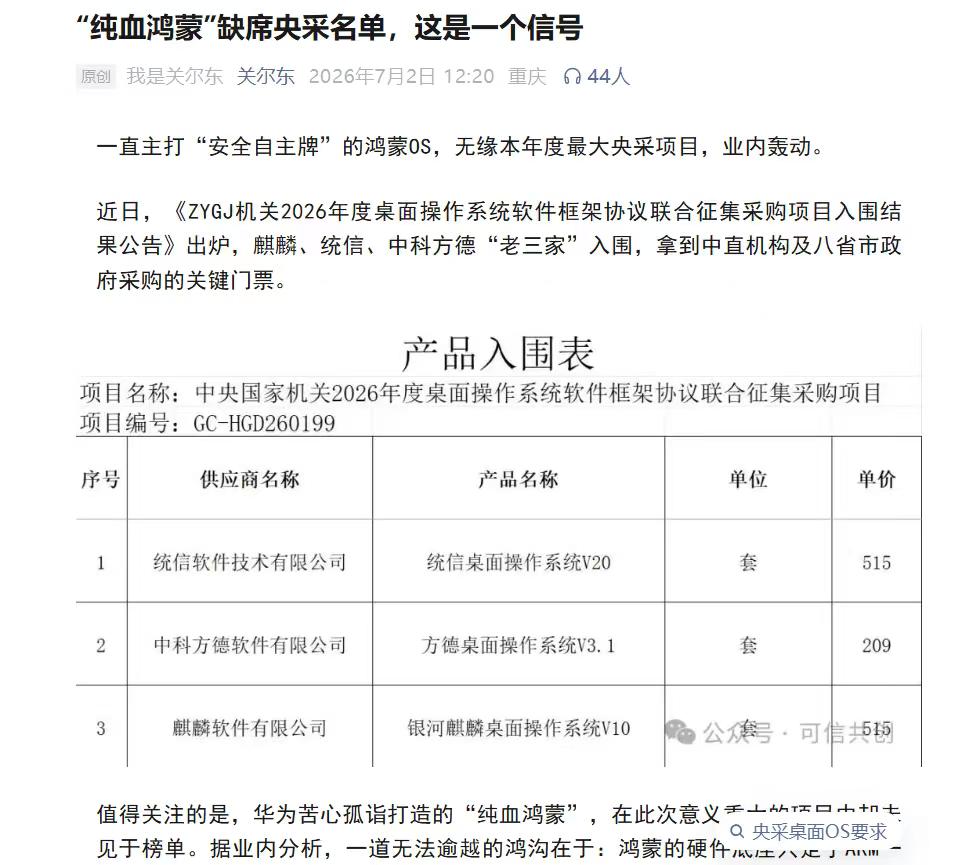 鸿蒙缺席央采，敲响了国产操作系统的“垄断警钟”！
鸿蒙落选央采，表面上是技术兼容