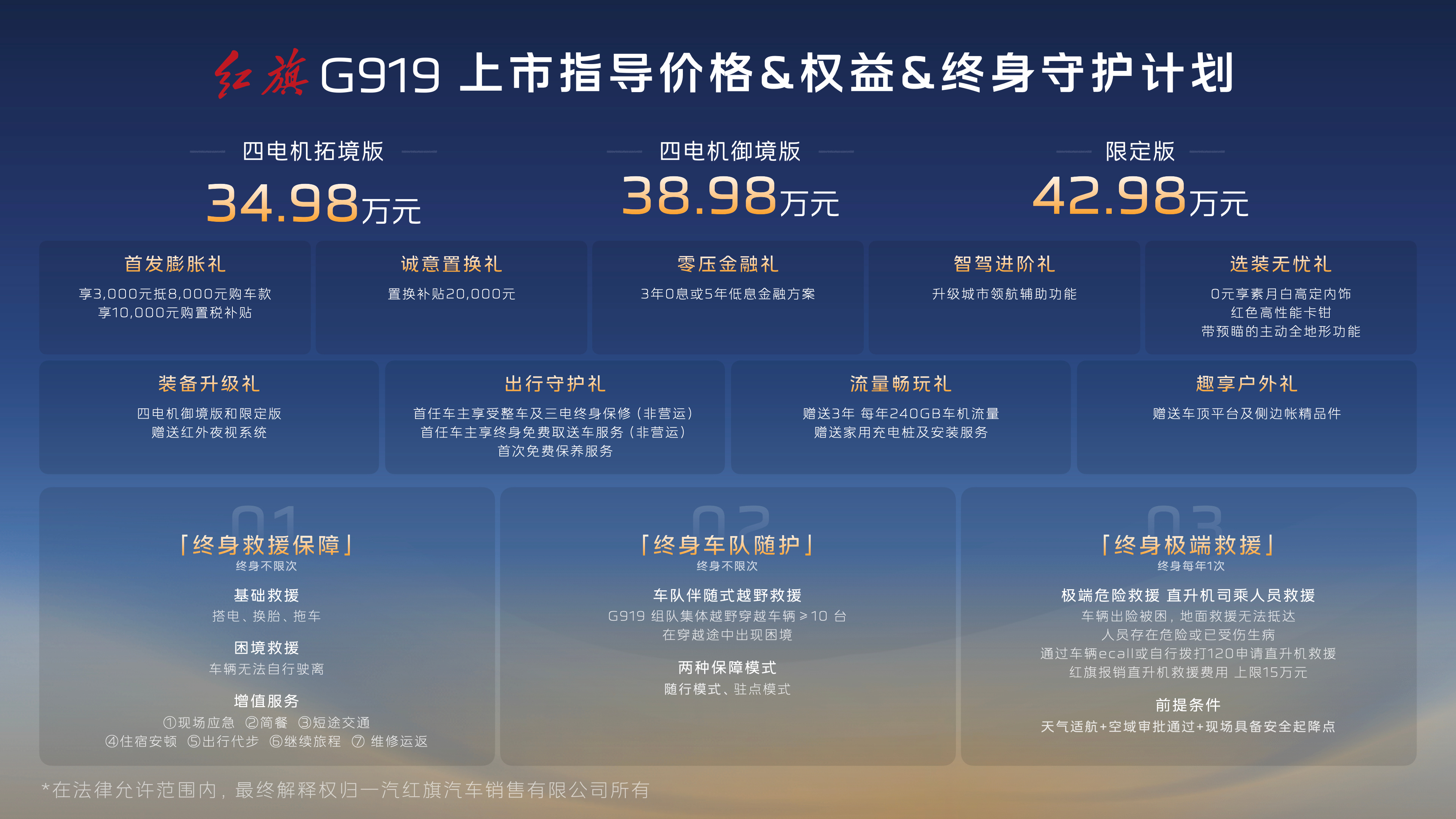 红旗G919正式上市，售价34.98-42.98万元。新车为非承载式增程硬派SU