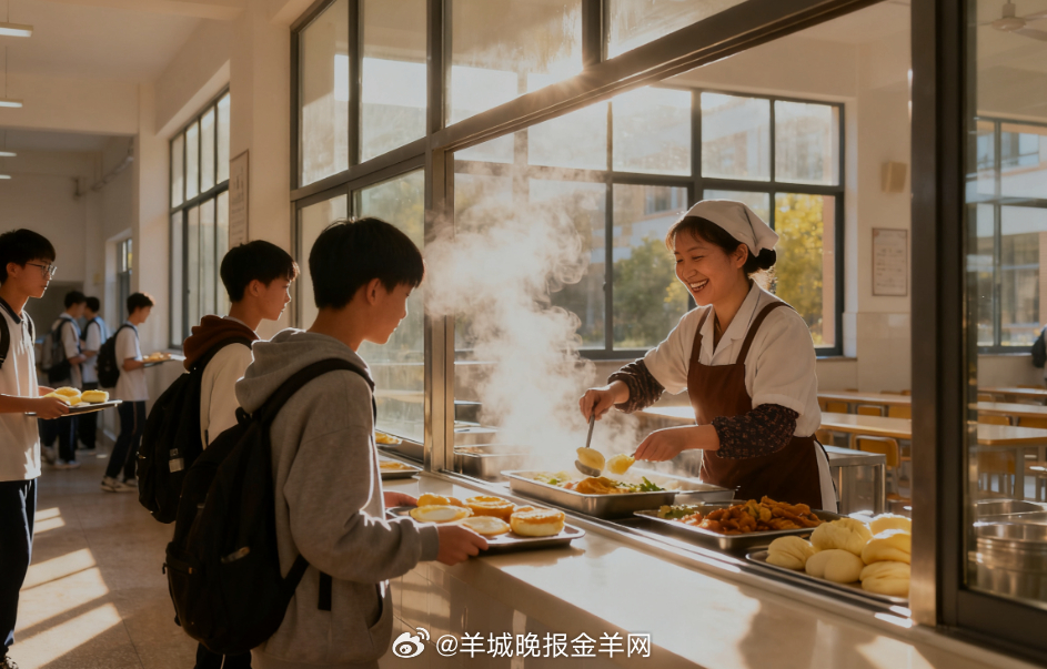 早安 清晨的校园食堂，窗口飘出热气腾腾的早餐香气，学生们端着餐盘寻找座位，阳光透