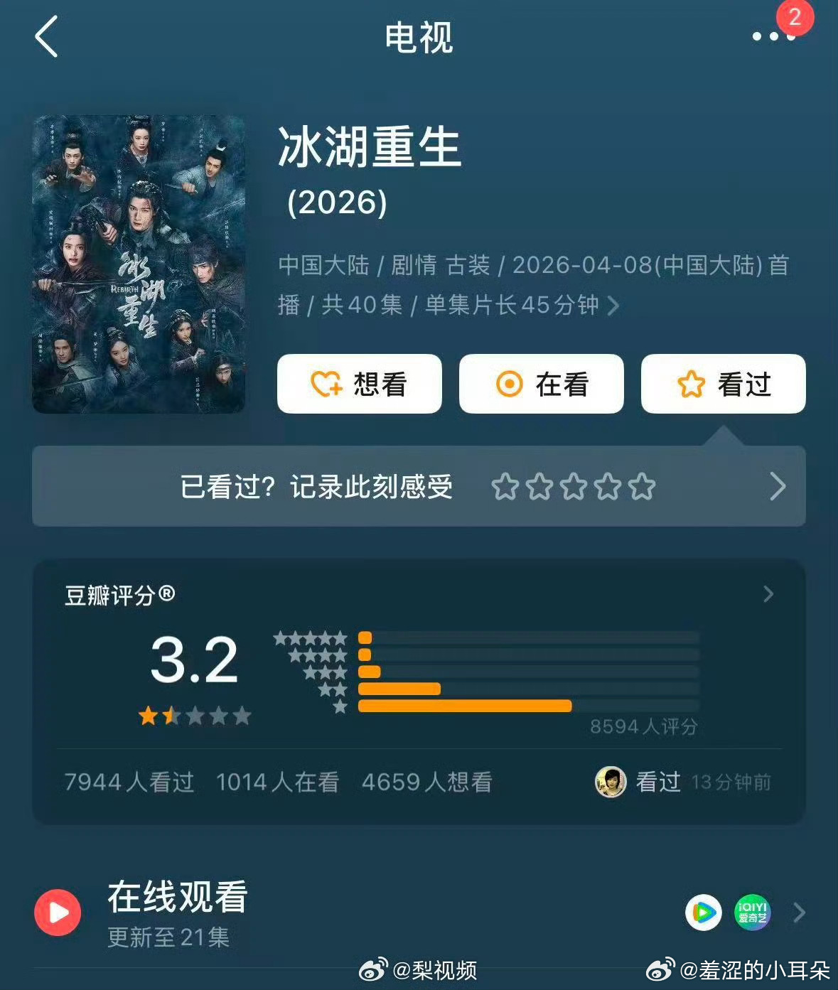 冰湖重生豆瓣3.2不到一万人的评分，开出3.2的分数。侣皓吉吉全责、张萌主责、编
