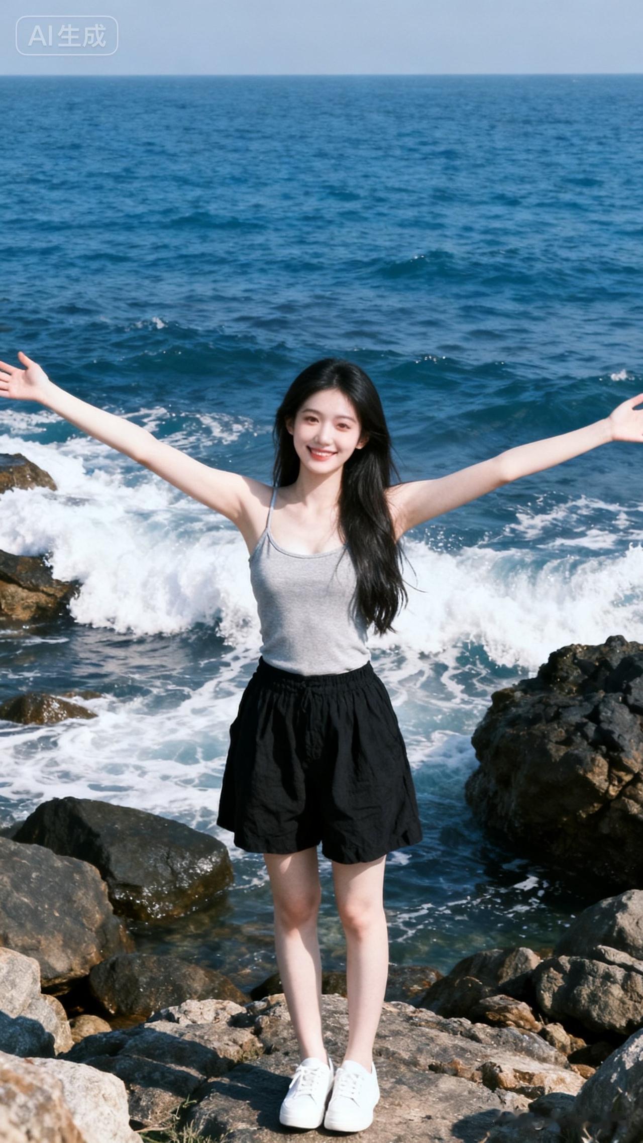 海边姑娘张开双臂，阳光明媚。