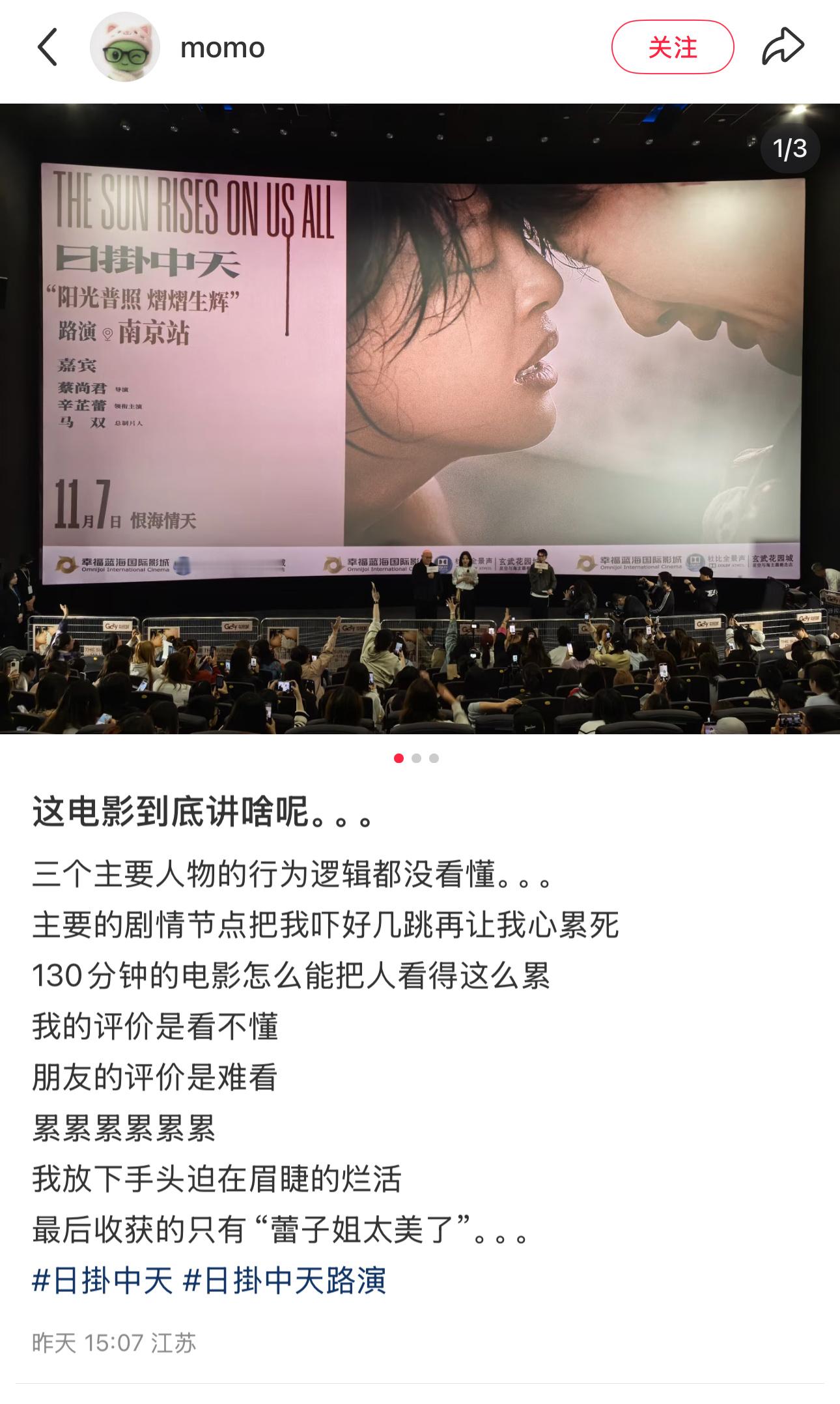 昨天还想说日掛中天点映两天了怎么没有刷到影评，今天就刷到了，总结就是：电影看的很