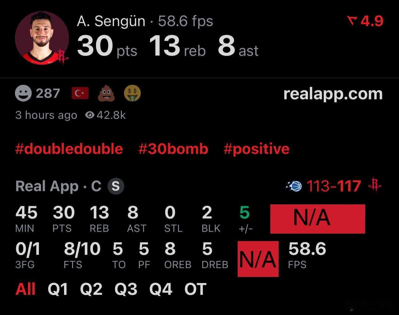 申京今天：30分13篮板8助攻2盖帽出场45分钟及时醒来，打硬仗显示今年升级了~