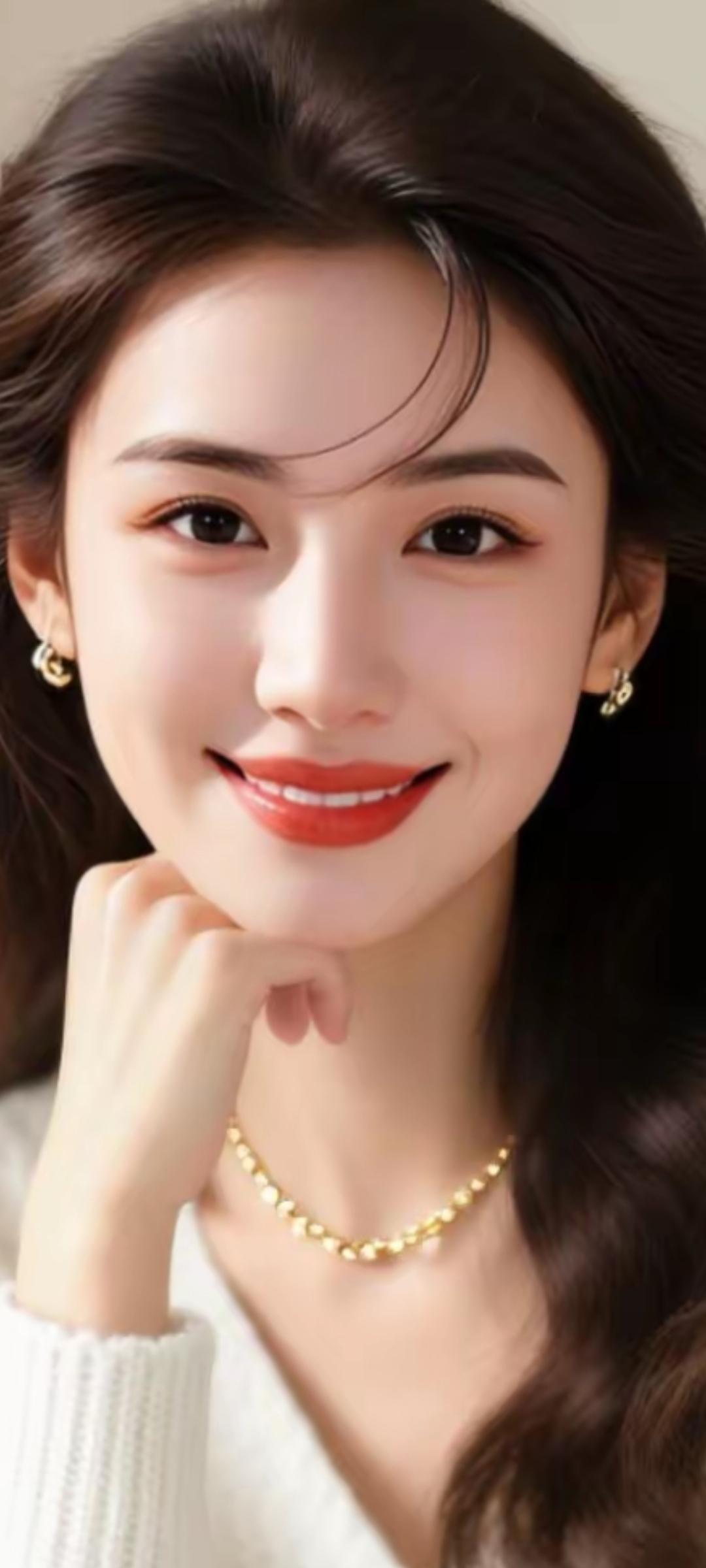 甜美笑容，温柔可人，金色项链点缀，尽显优雅气质！💖✨