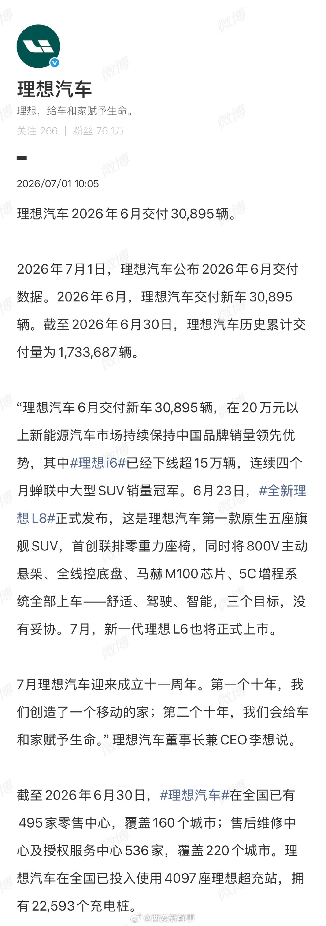 【理想汽车6月交付30895辆】理想汽车历史累计交付1733687辆7月1日，公