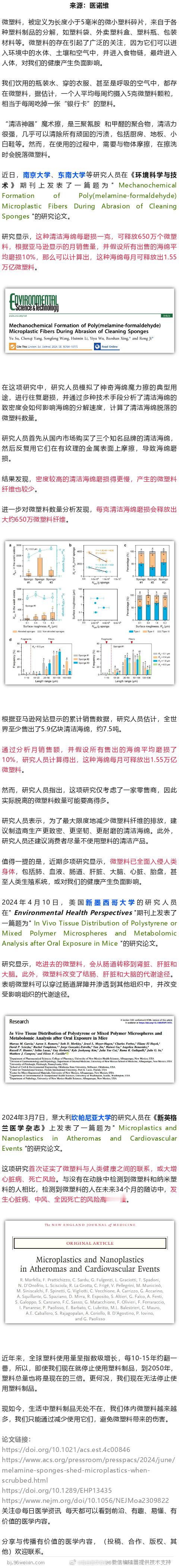 厨房常用的清洁海绵，每月脱落上万亿微塑料，或大增心脏病、死亡风险近日，南京大学、