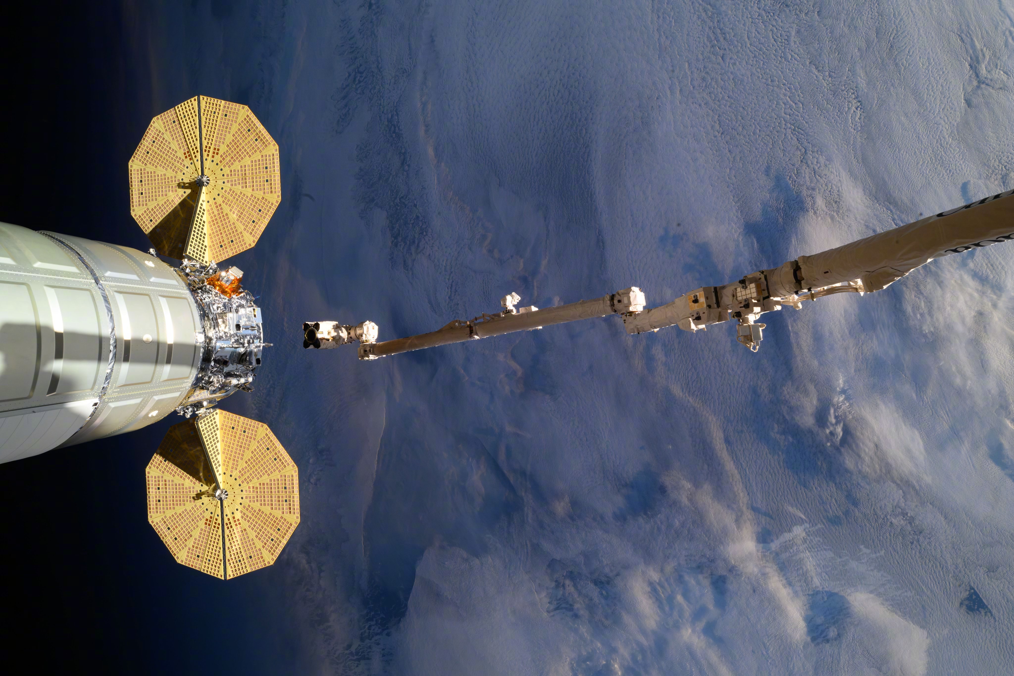通过加拿大臂对接完成后的天鹅座NG-23货运飞船特写，图源：Jonny Kim。