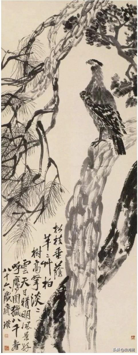 这幅《松柏高立图·篆书四言联》是齐白石于1946年创作的巨幅书画合璧之作，也是他