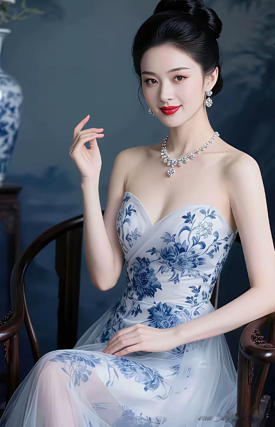 优雅蓝花旗袍，复古风韵，韵味十足