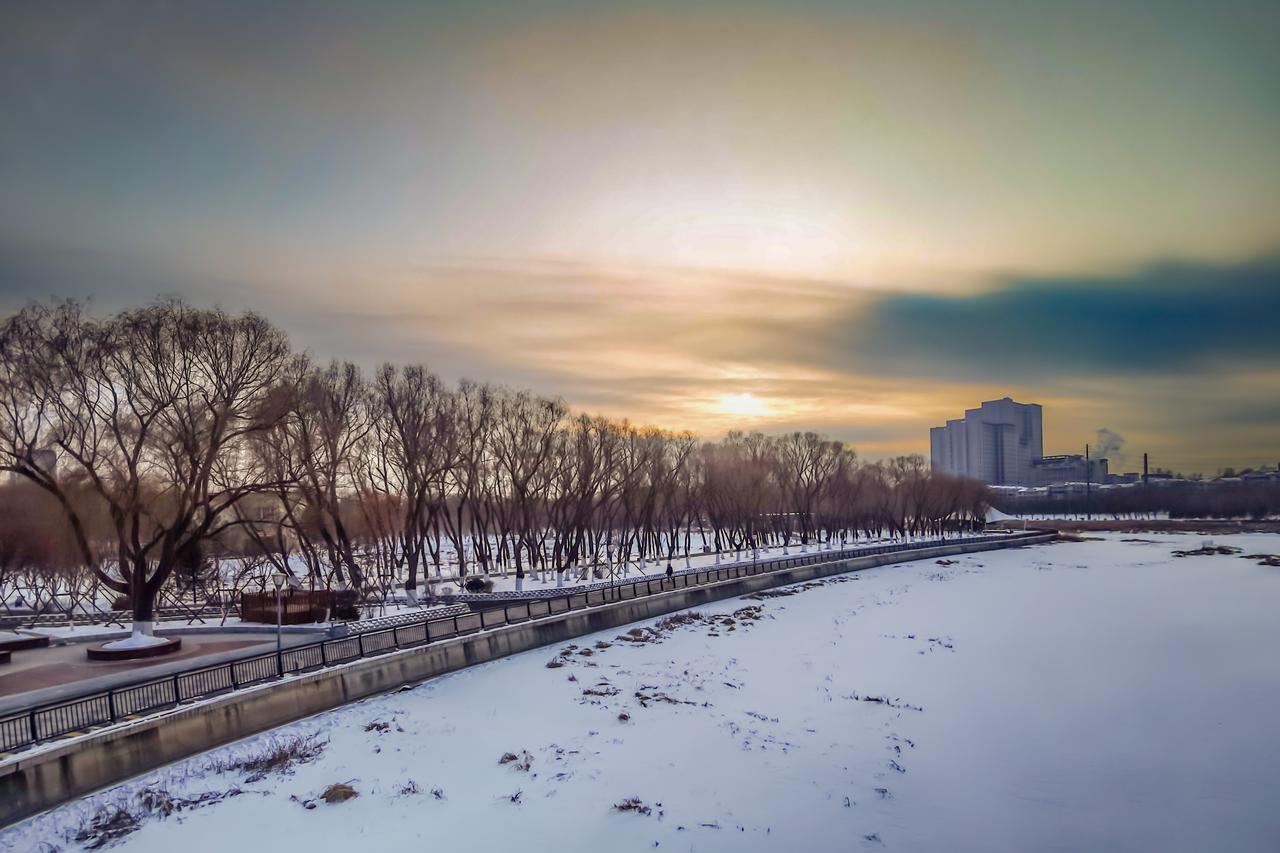 冬日夕阳下的静谧公园，白雪覆盖，树影婆娑。