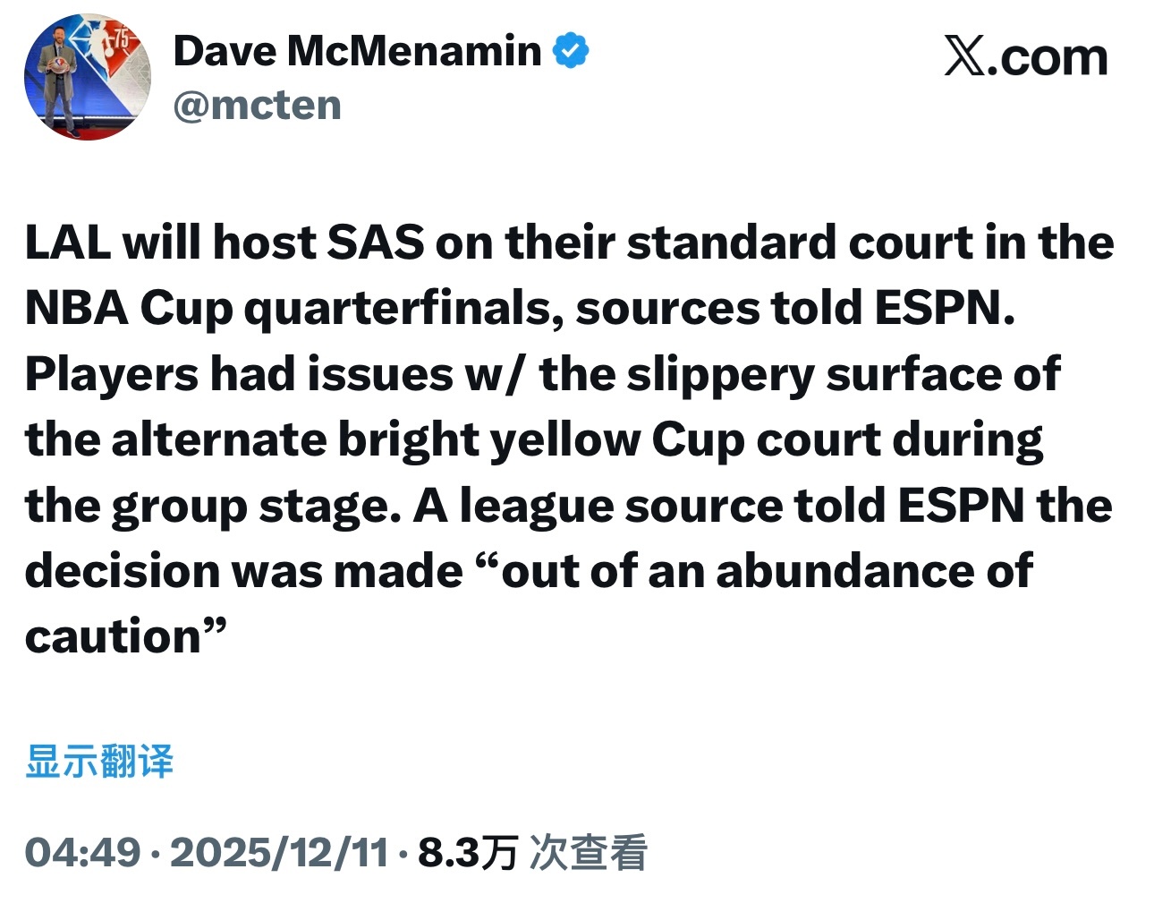 今天比赛，湖人将使用常规的主场地板。小组赛期间，球员们反映杯赛专属的亮黄色地板较