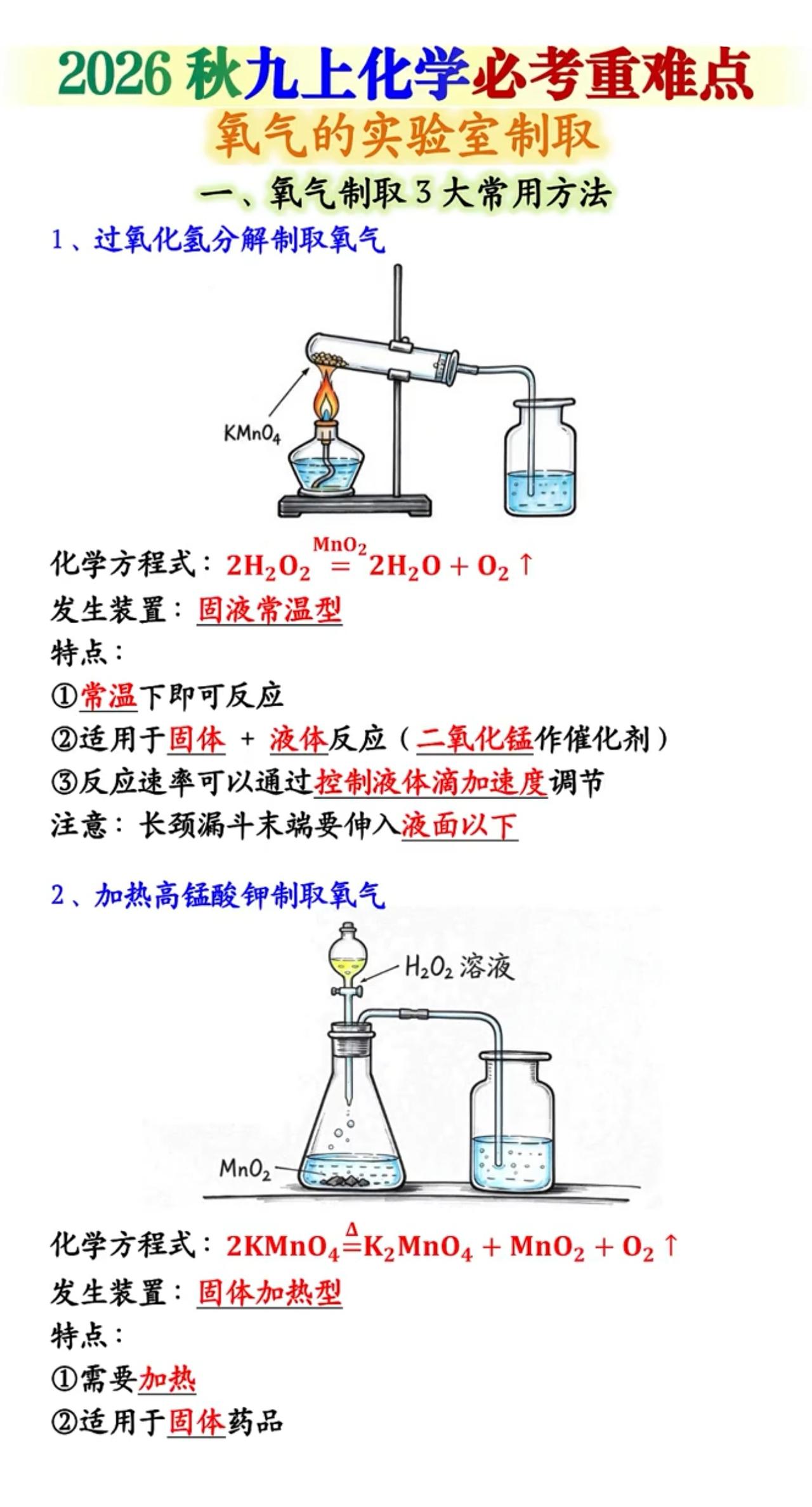 九上化学必考氧气实验室制取