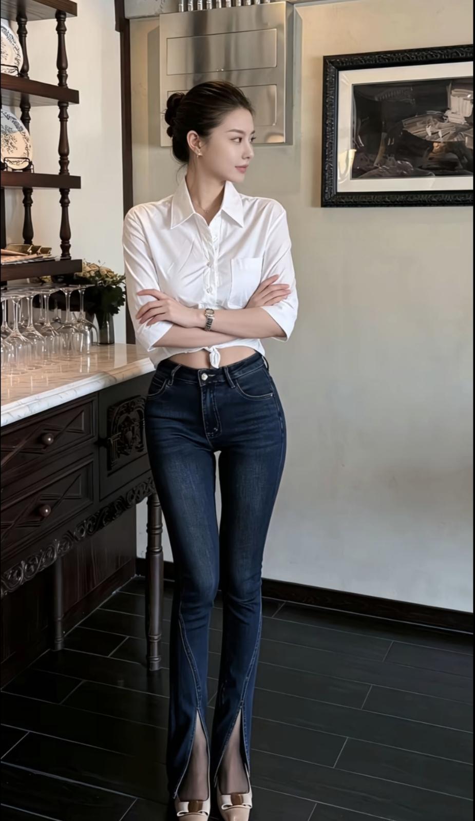 深靛蓝紧身牛仔裤，才是真正的“显瘦天花板”✨
搭配一件基础白衬衫，在腰间轻轻打个