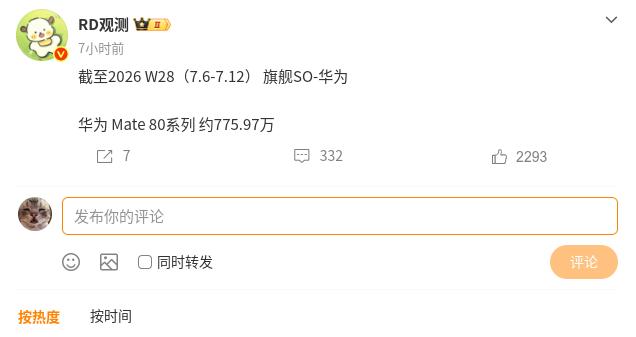 数据新增15万左右，又是稳定的一周，华为Mate 80系列基本上可以在7月底突破