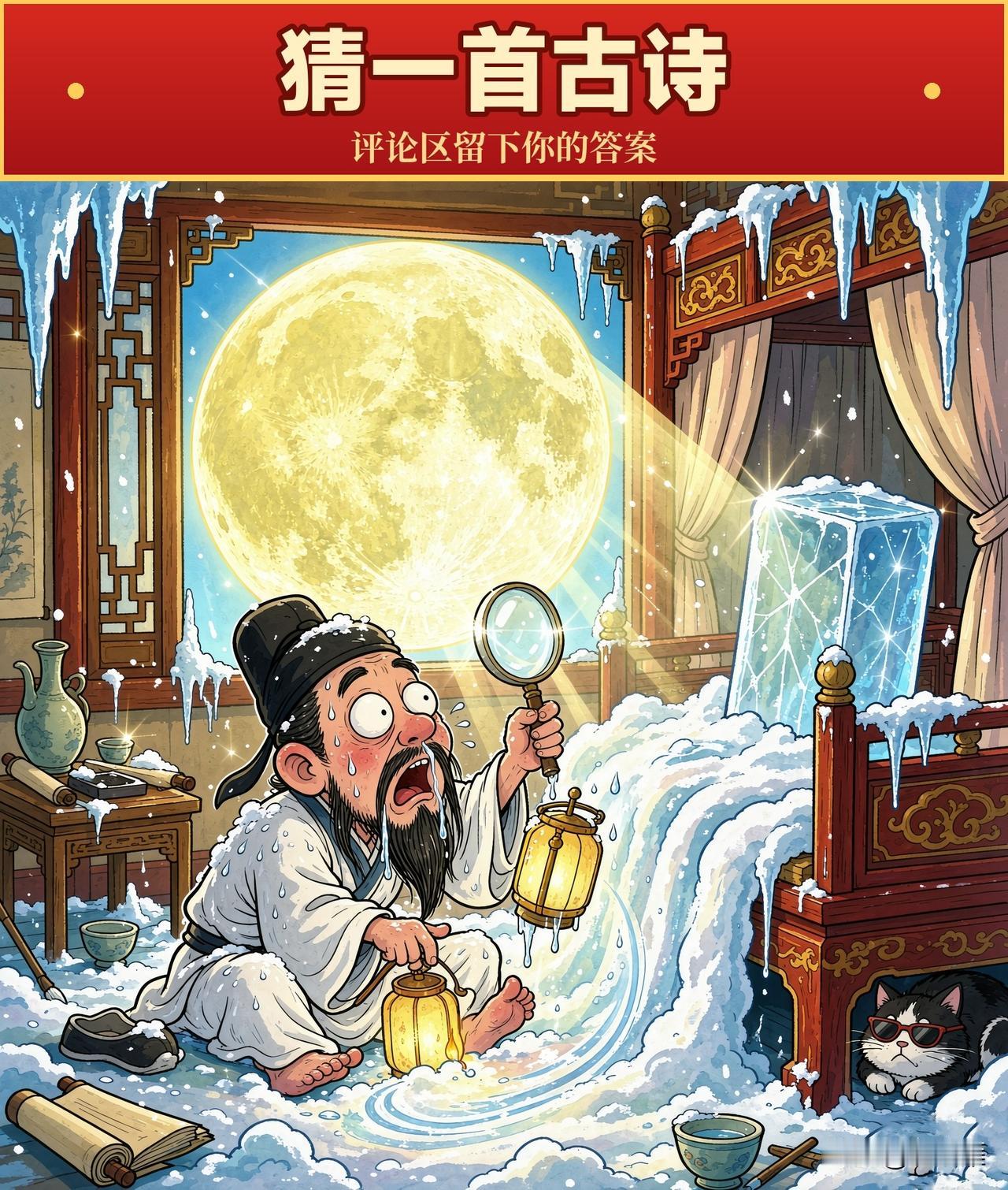 看图猜一首古诗！
老哥大半夜不睡觉，趴地上举着灯、拿着放大镜，认真研究地板上那层