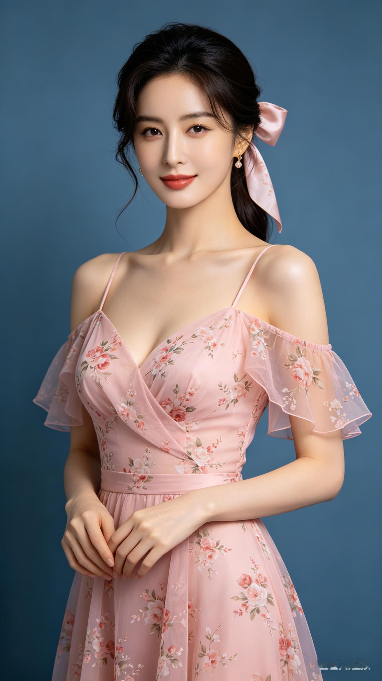 女子以丝巾束起利落马尾，容颜精致温婉动人，身着浅粉薄款碎花连衣裙，自带从容雅致，