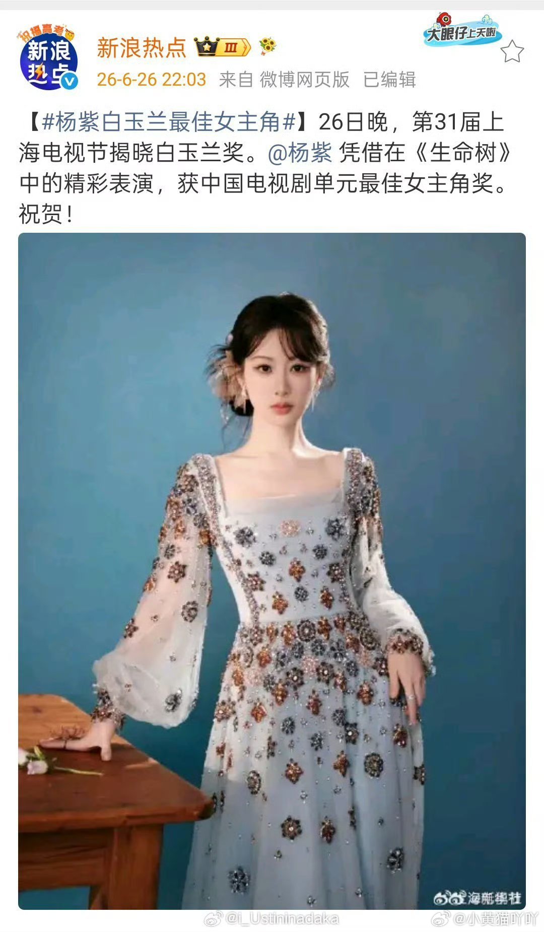 啊啊啊恭喜杨紫恭喜白菊真的是杨紫杨紫白玉兰最佳女主角