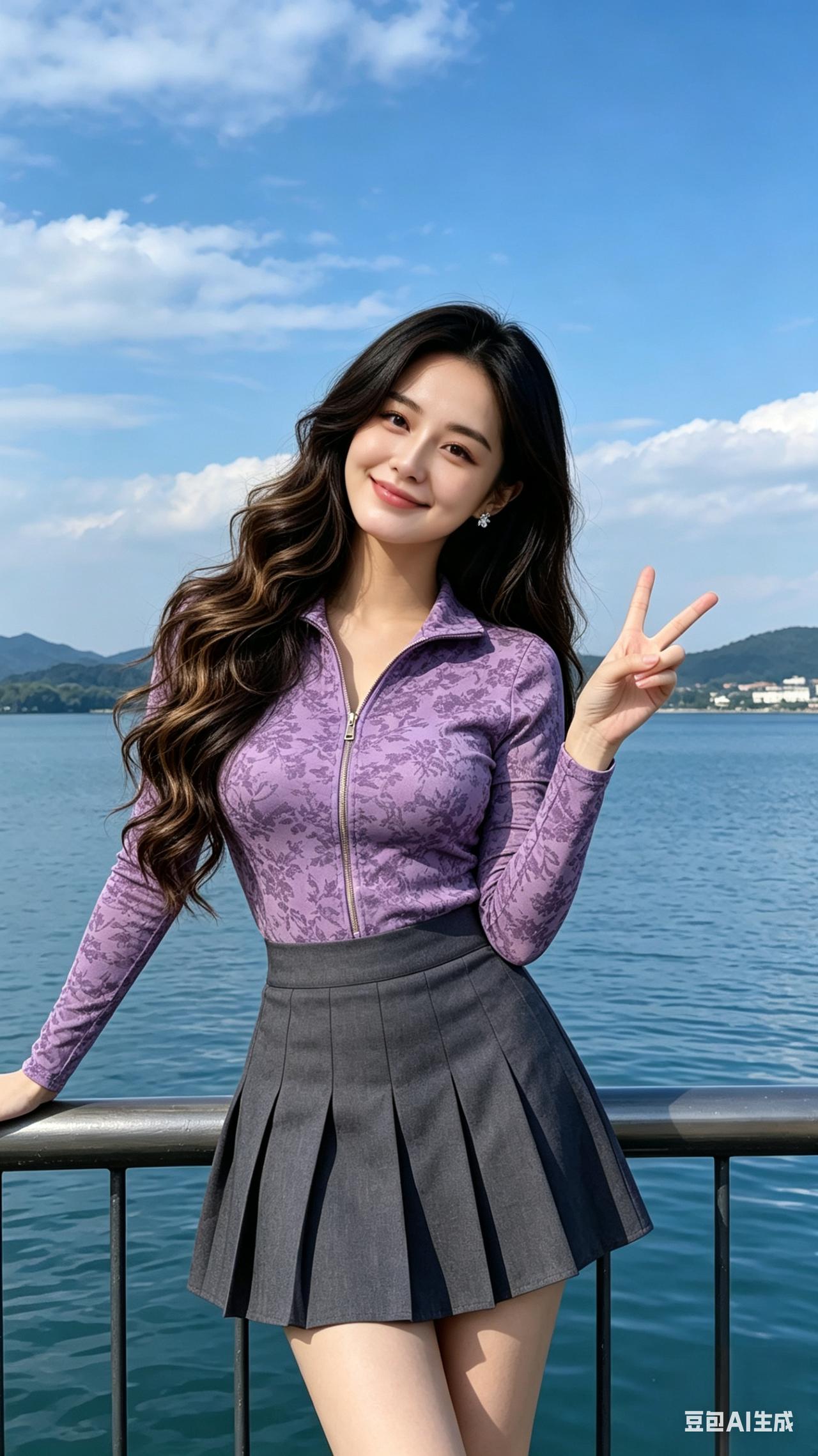 圆脸女生大波浪棕染卷发，银花瓣耳饰亮眼，身着紫底暗纹立领上衣，户外漫射柔光衬出细