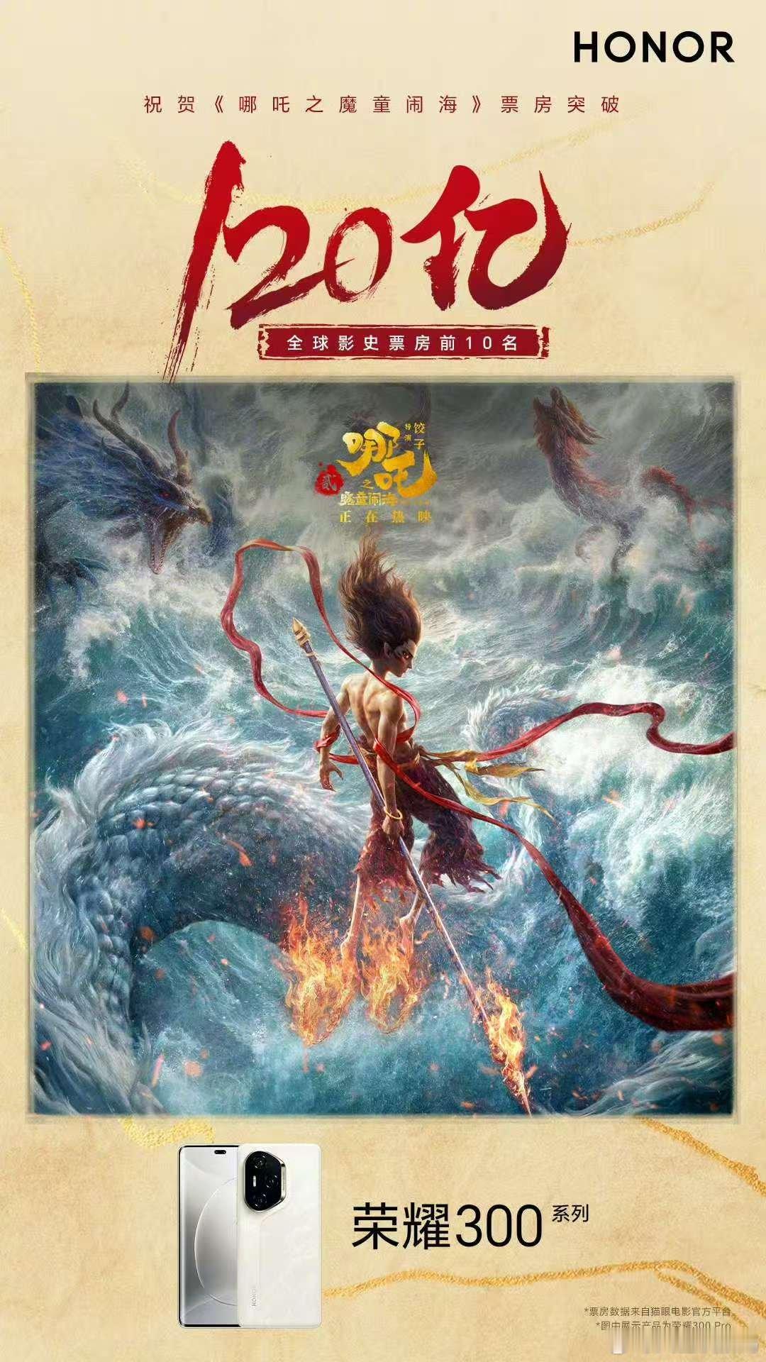 燃情恭贺《哪吒之魔童闹海》票房飙升至120亿，在全球影史票房前排领航，荣耀与哪吒