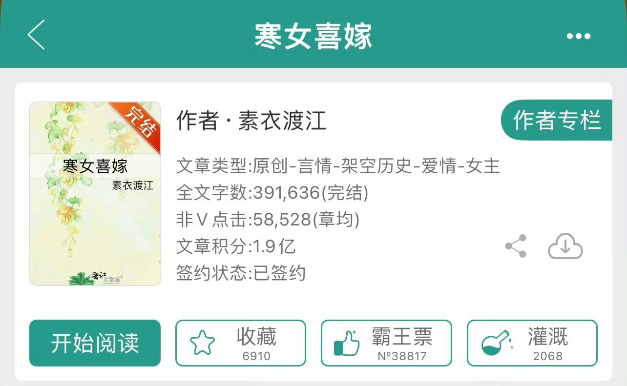 小说推荐：《寒女喜嫁》 作者:素衣渡江简评：家道中落小丫鬟vs腹黑心机少爷，女主