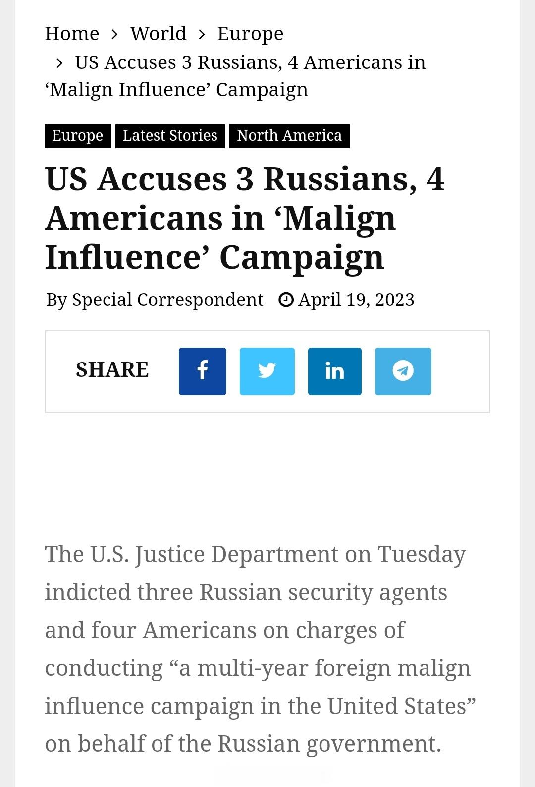 美国司法部逮捕了4名在网上替俄罗斯说话的美国人以及3名俄罗斯人，罪名是“恶意影响