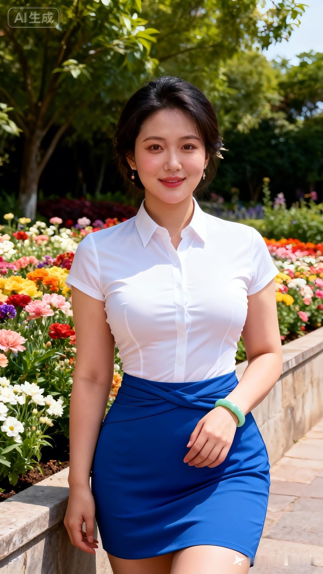 夏日清新穿搭，白色衬衫+蓝色短裙，元气满满！🌞💙