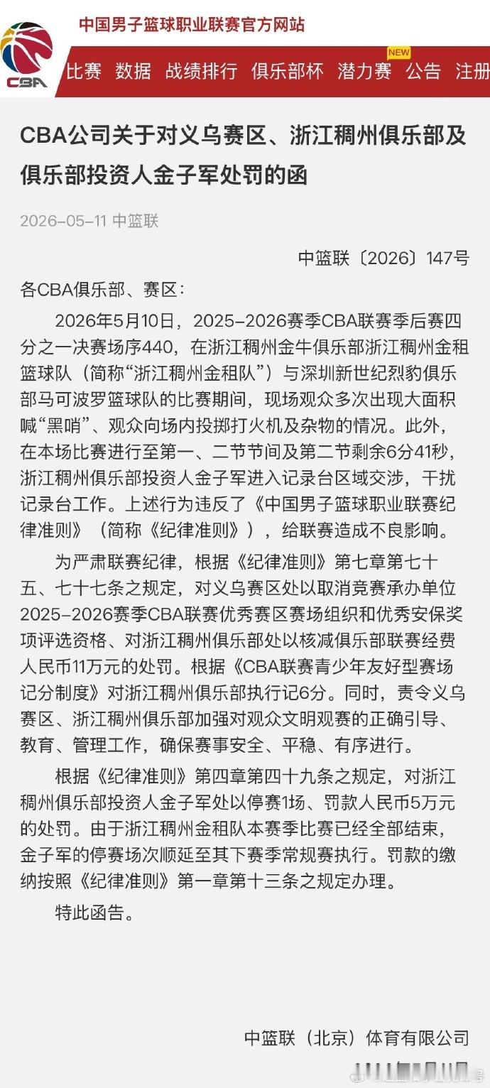 5月11日，CBA公司在季后赛期间连开两张罚单，分别处罚山西太原赛区与浙江义乌赛