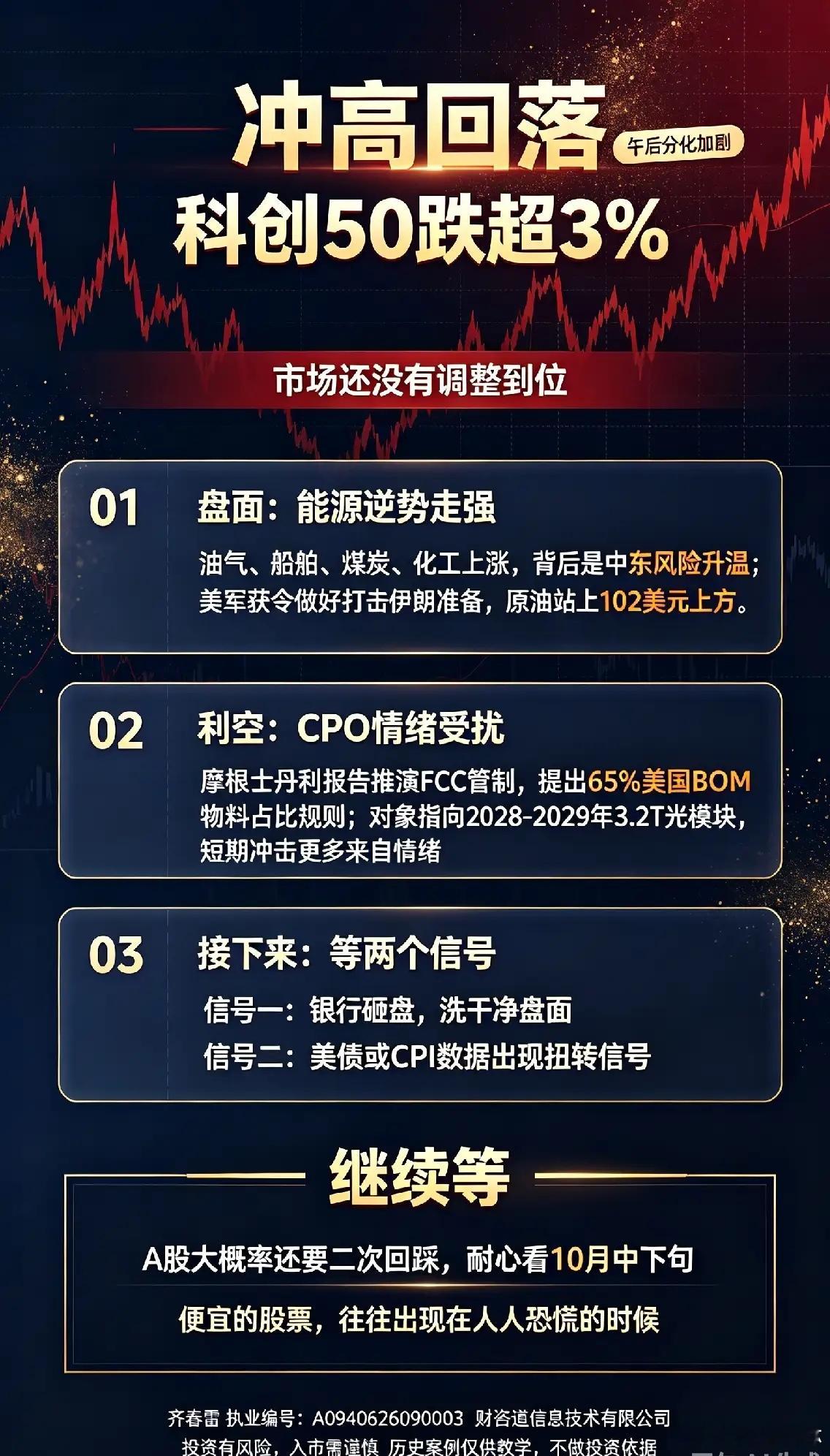 10.8日午评:冲高回落,科创50跌超3％,接下来A股等2个信号！      今