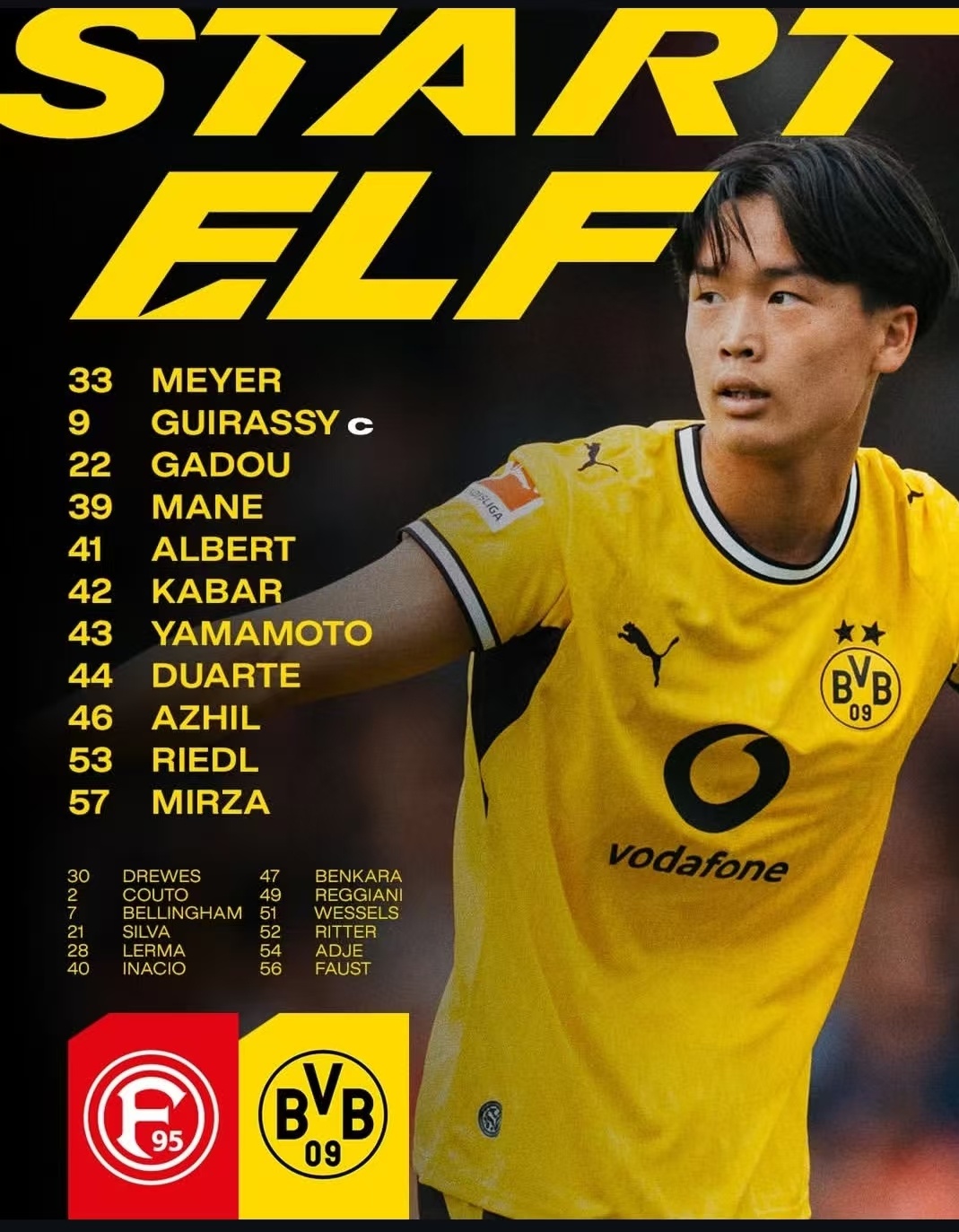 客场对阵杜塞尔多夫，首发名单出炉！【首发】33.迈尔 9.吉拉西 22.加杜 3