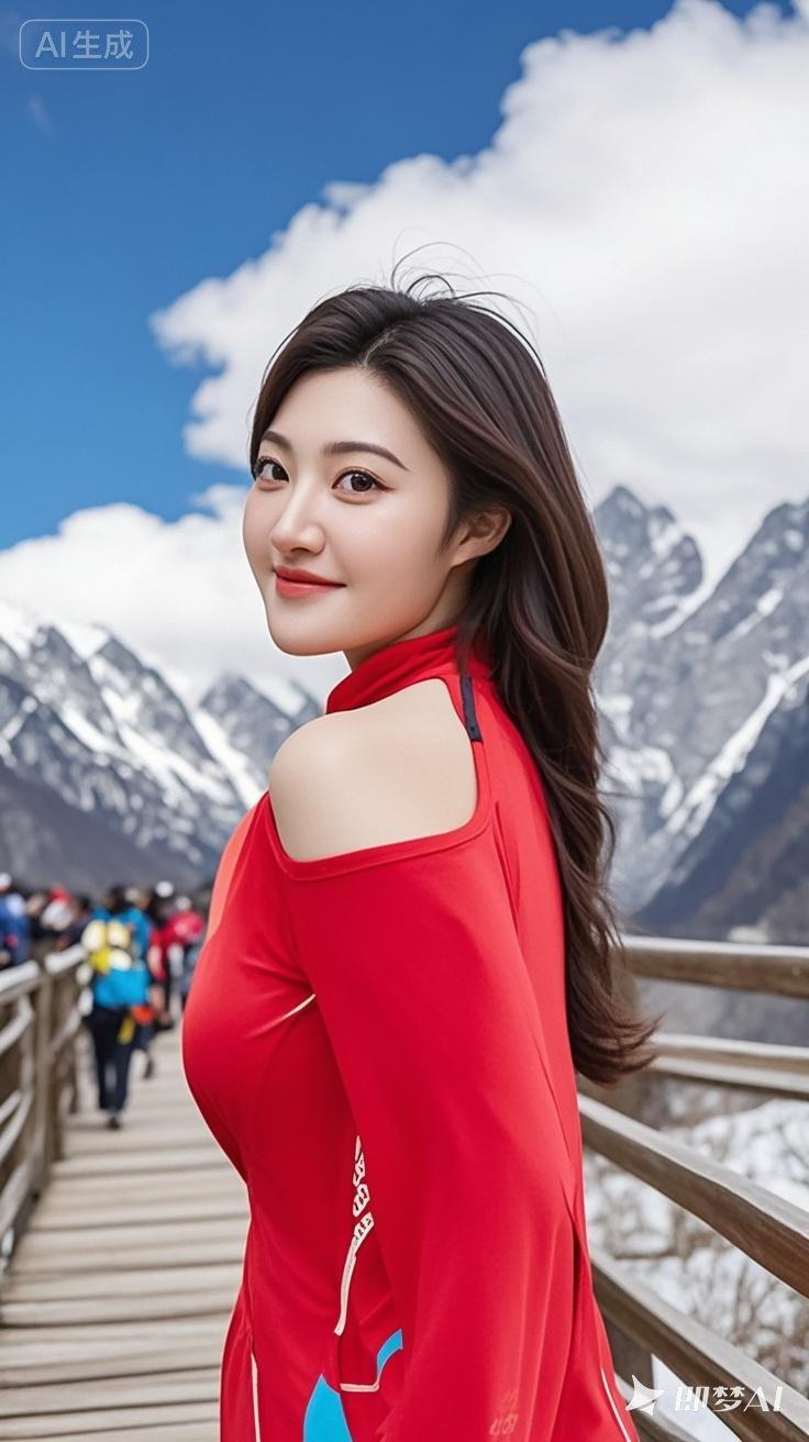 雪山下的红衣少女，惊艳了整个冬天！🌨️💕