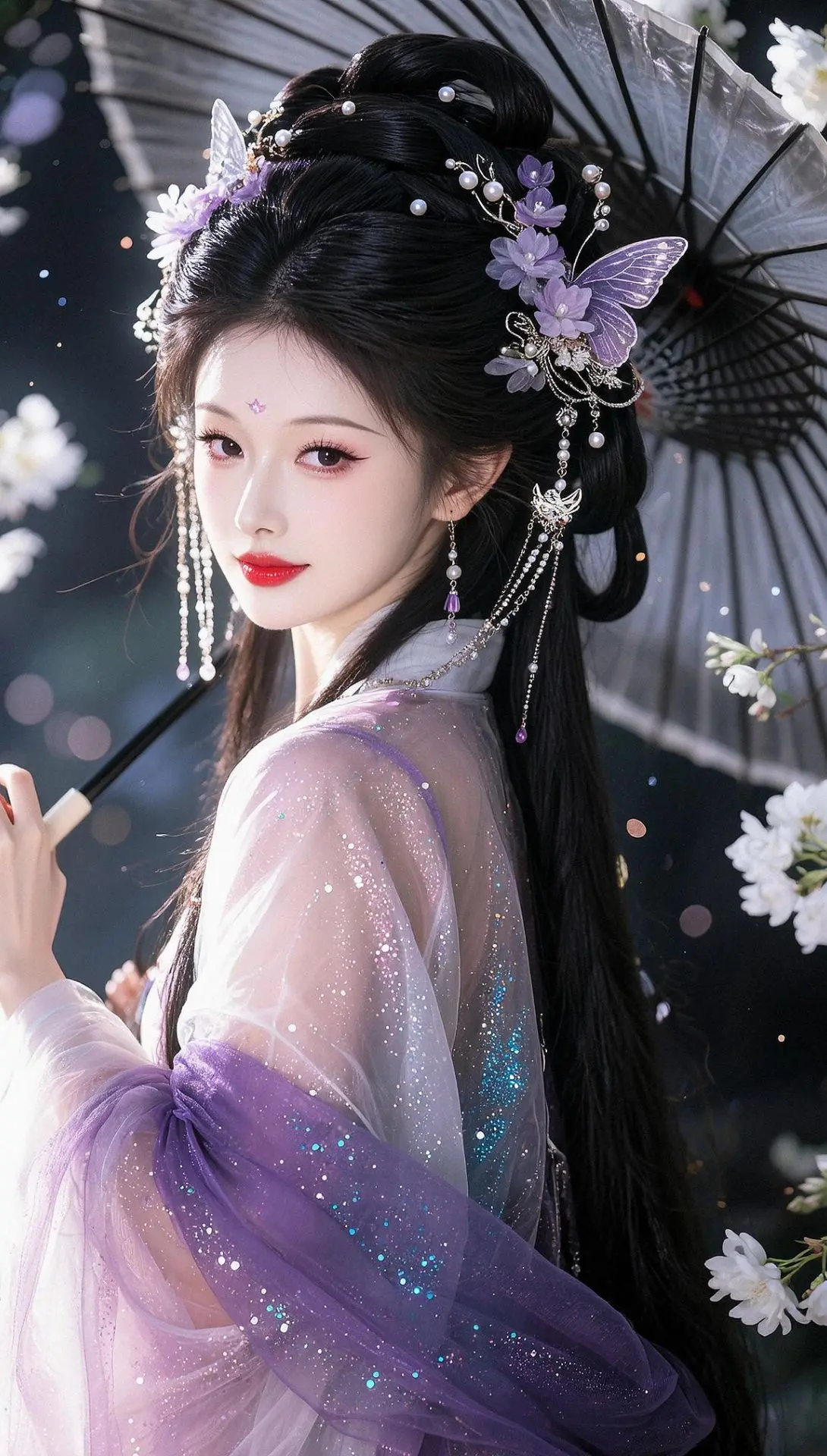 AI紫粉汉服古风夜景照 古风意境情绪大片 油纸伞古风造型 古风汉服撑伞