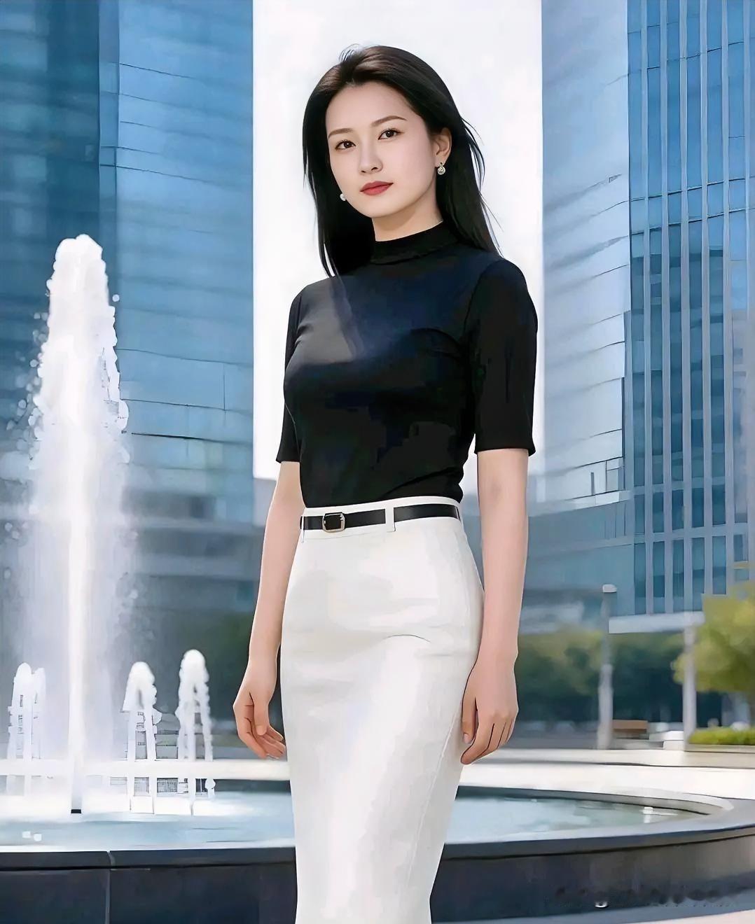 都市绿洲前，黑白经典搭配简约干练。喷泉流转，职场女性自信优雅，尽显现代都市的利落