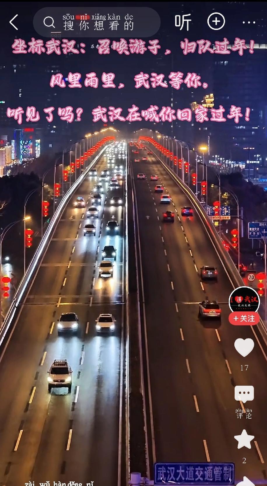 武汉街头一挂起红灯笼，瞬间就有了过年的味道！红通通的灯笼串在路灯杆上，映着长江大