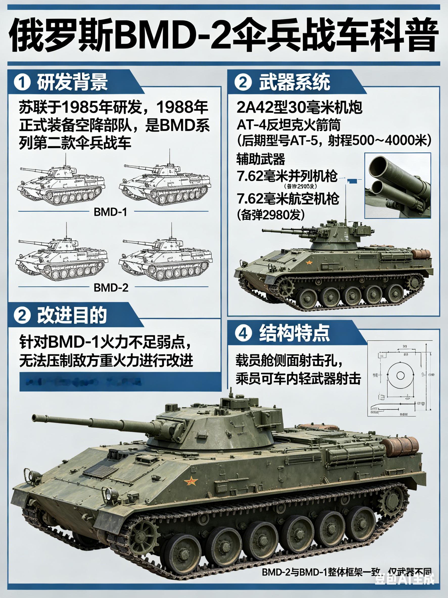 军事ai新视野 俄罗斯BMD-2伞兵战车BMD-2是苏联于1985年研发，198