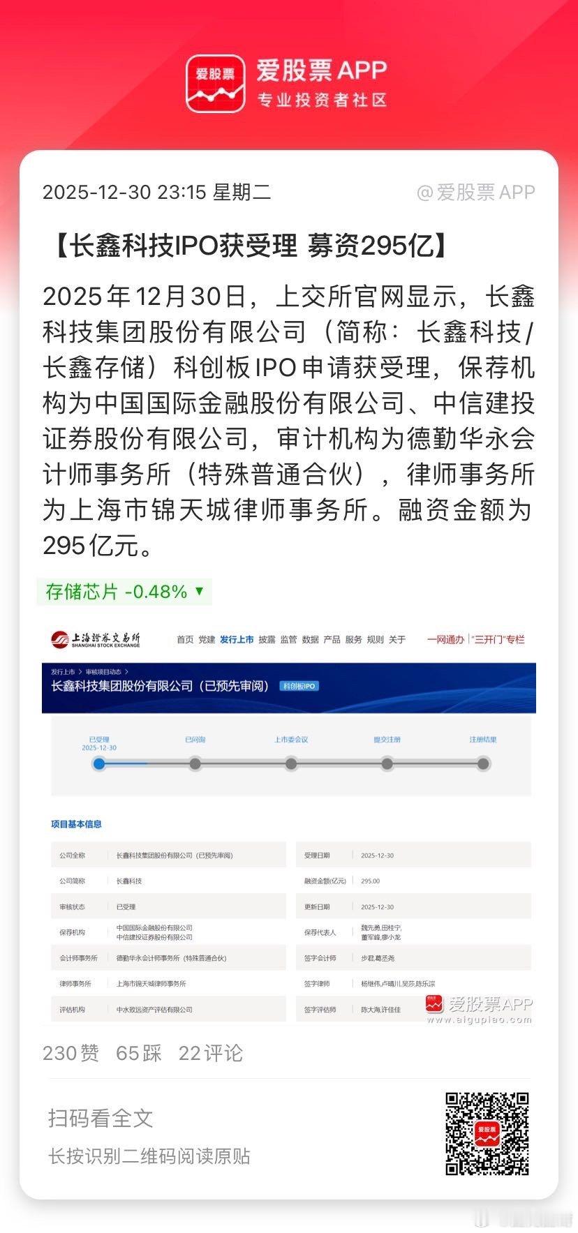 【长鑫科技IPO获受理 募资295亿】2025年12月30日，上交所官网显示，长