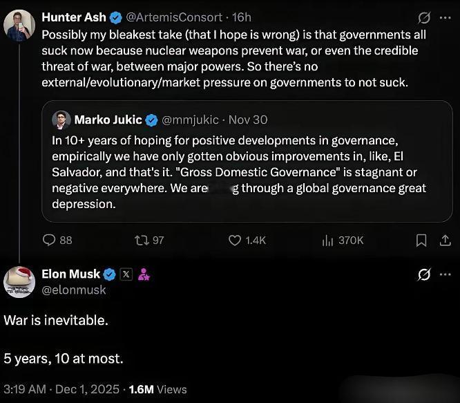 马斯克凌晨三点多还没睡，在平台的一条讨论政府效率的帖子中写下了句话，战争不可避免