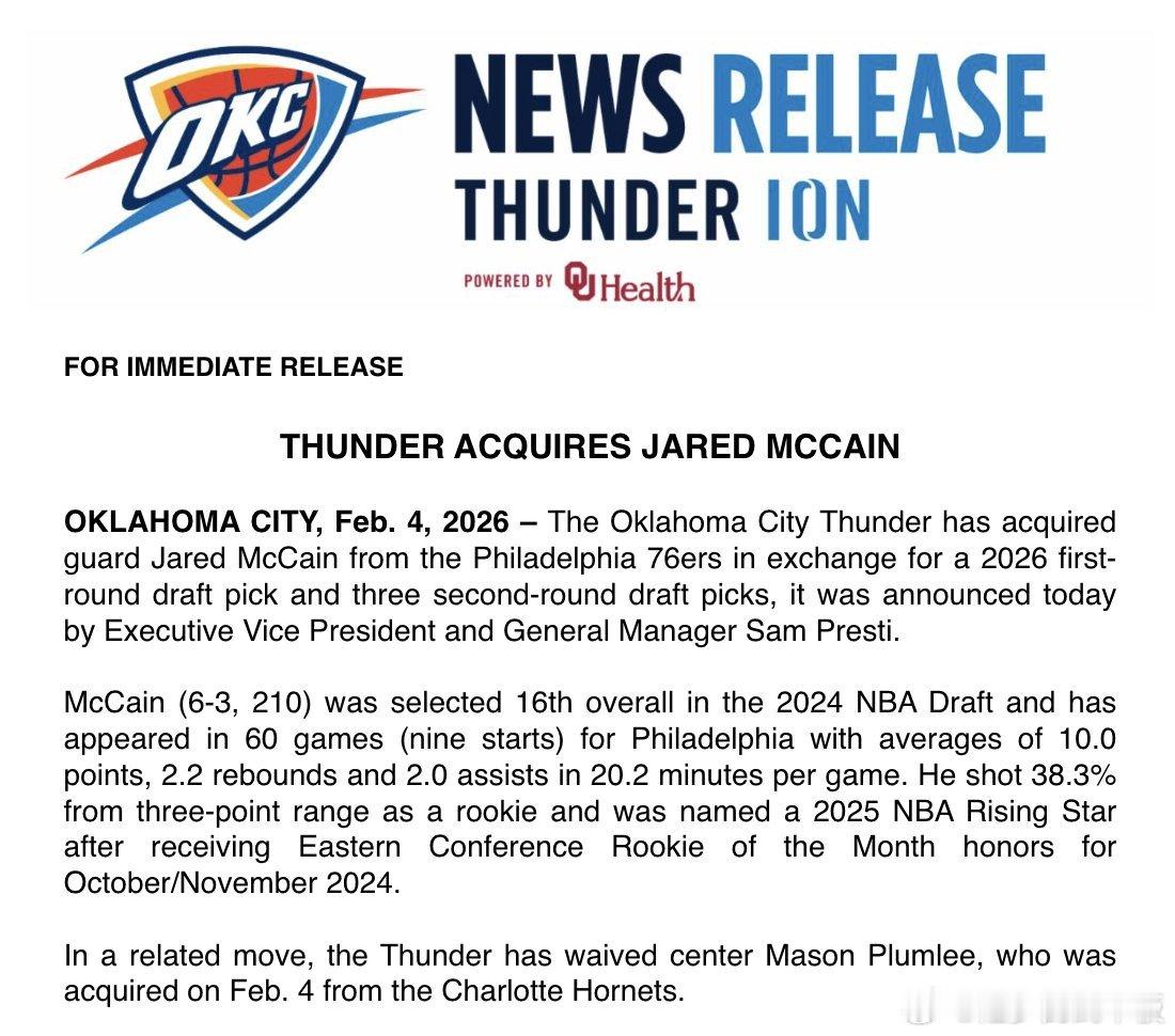 雷霆官方宣布，球队已裁掉梅森-普拉姆利，此次操作是为了给新援麦凯恩腾出阵容名额。