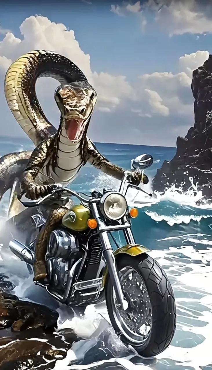 霸气蛇骑手，狂野摩托车，冲浪海岸线！🐍🏍️🌊骑摩托车迅游 海滩上骑摩托