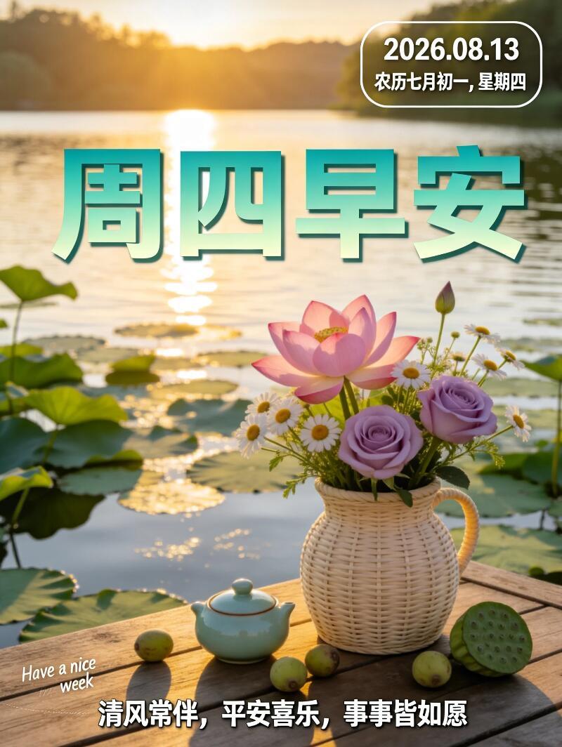 2026年8月13日，周四早安🌷！初秋清晨清风拂面，褪去盛夏闷热，带来满心清爽