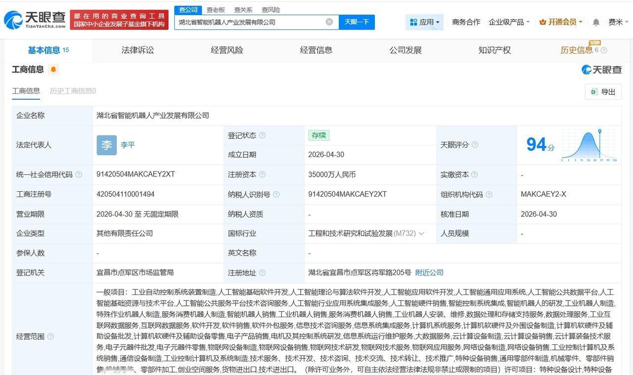 东土科技等在湖北成立智能机器人产业发展公司 注册资本3.5亿

天眼查App显示