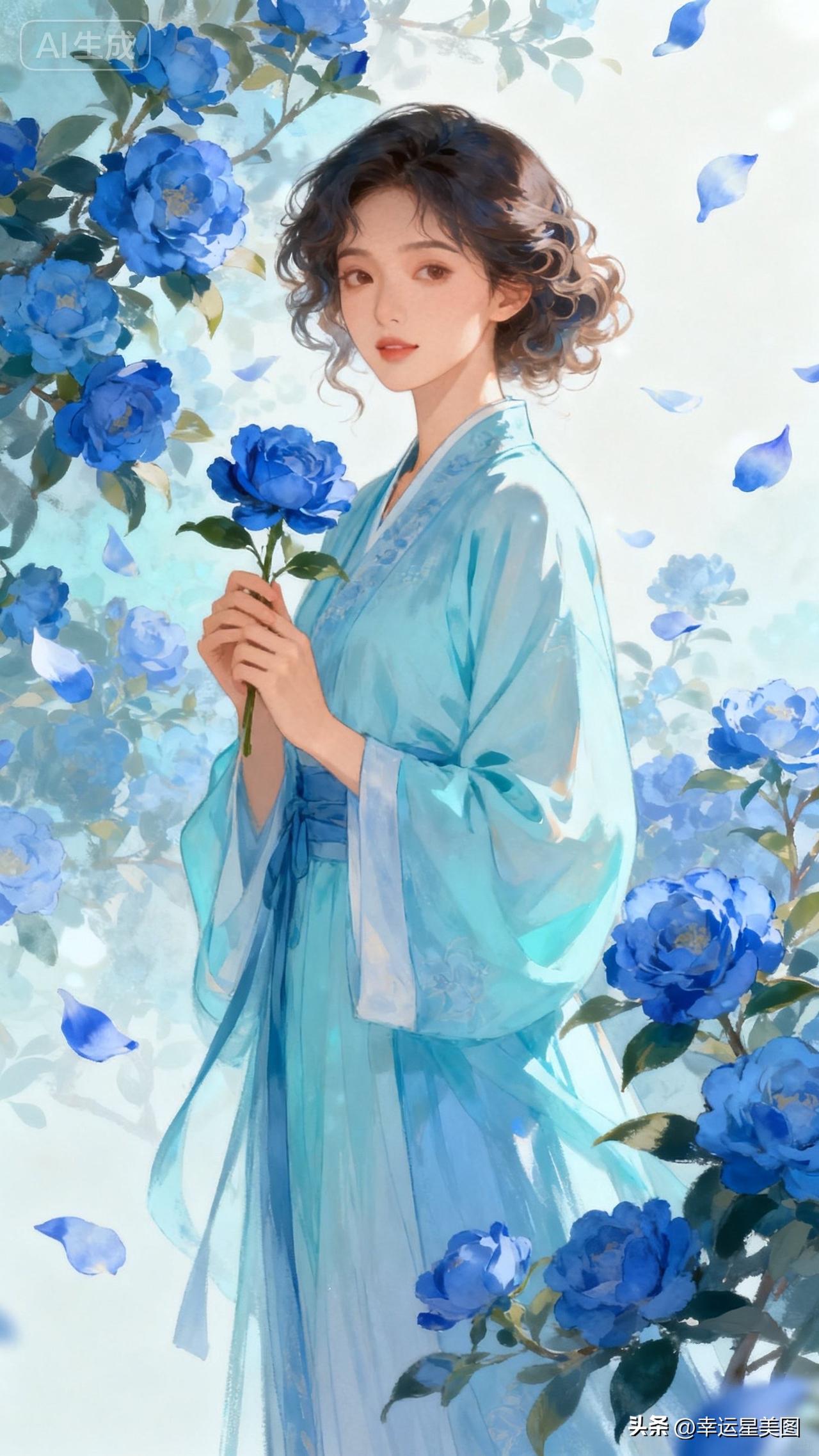 一个女孩拿着蓝色花朵，背景很美。