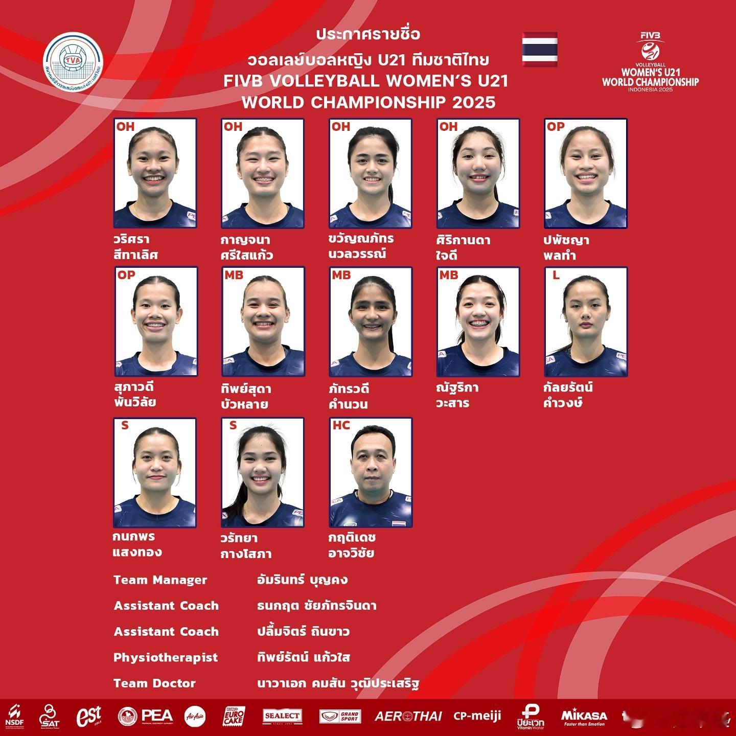 国际排坛动泰国女排泰国排球协会公布了参加U21女排世锦赛的名单 运动员名单 主攻