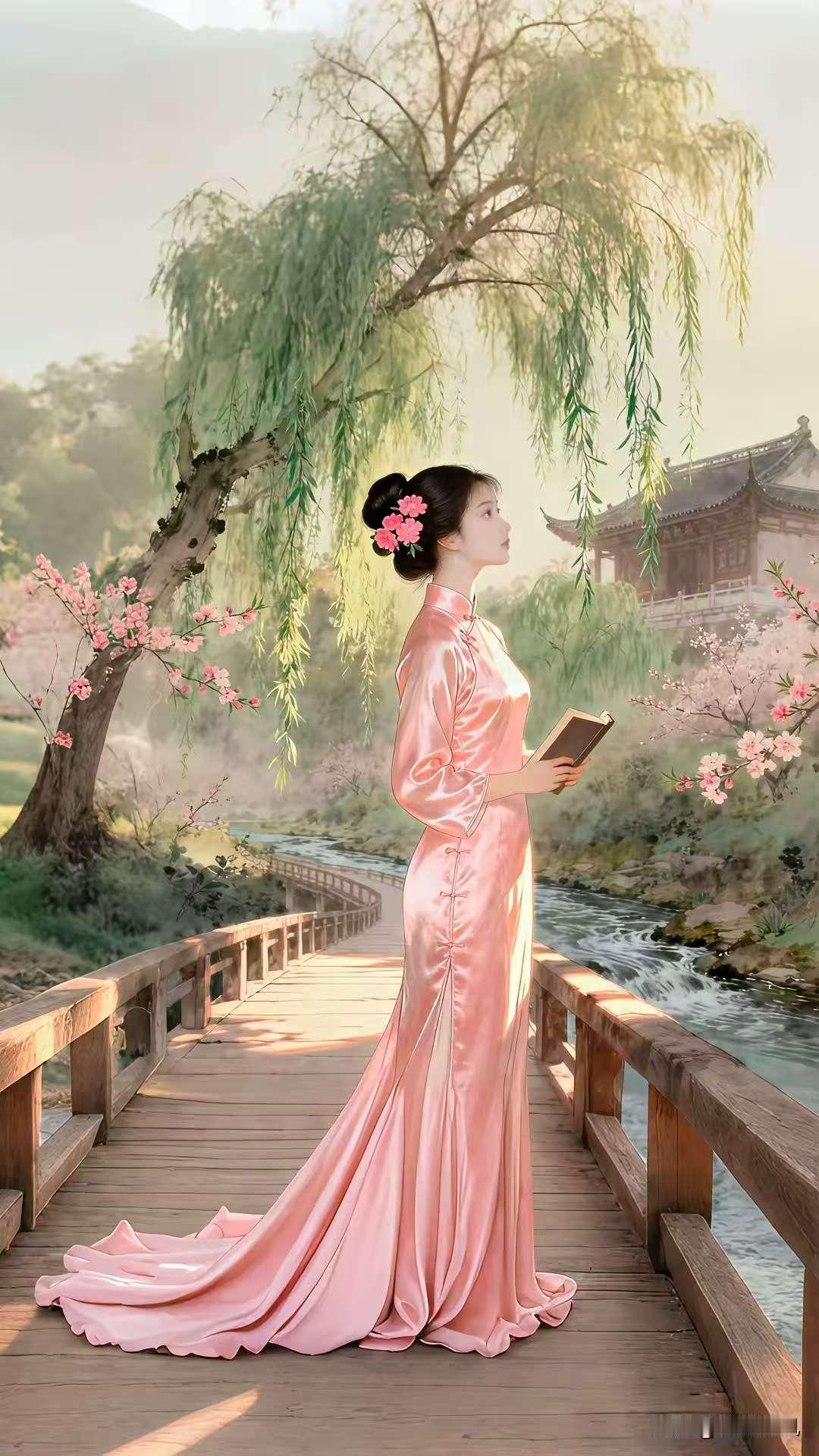 天净沙·河畔美姬
丝绸美女簪花，
小桥对岸人家。
绿柳含烟蝶耍。
抬头闲乍，
景