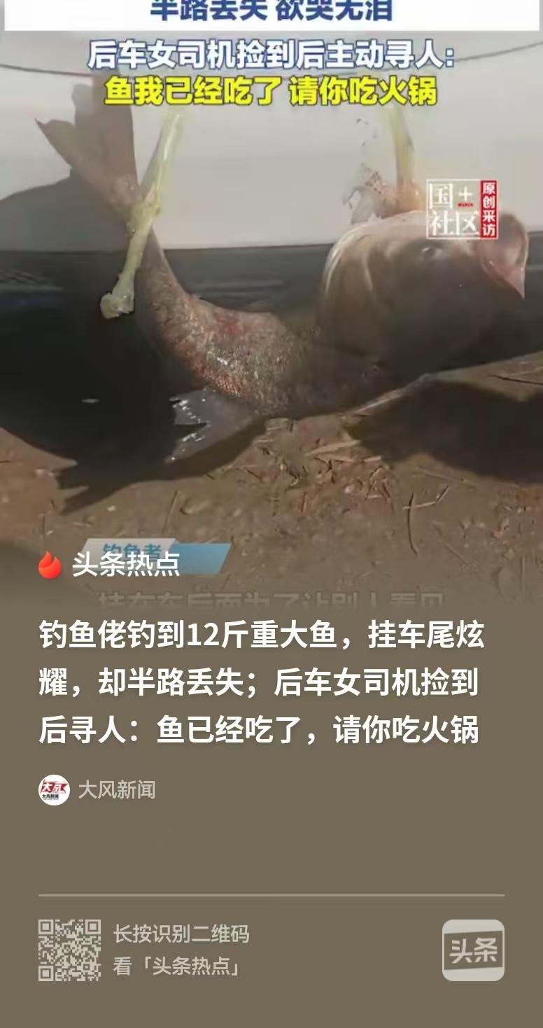 重庆一男子钓到12斤大鱼，得意地将鱼挂在车尾炫耀。谁知到达目的地后，鱼不见了。他